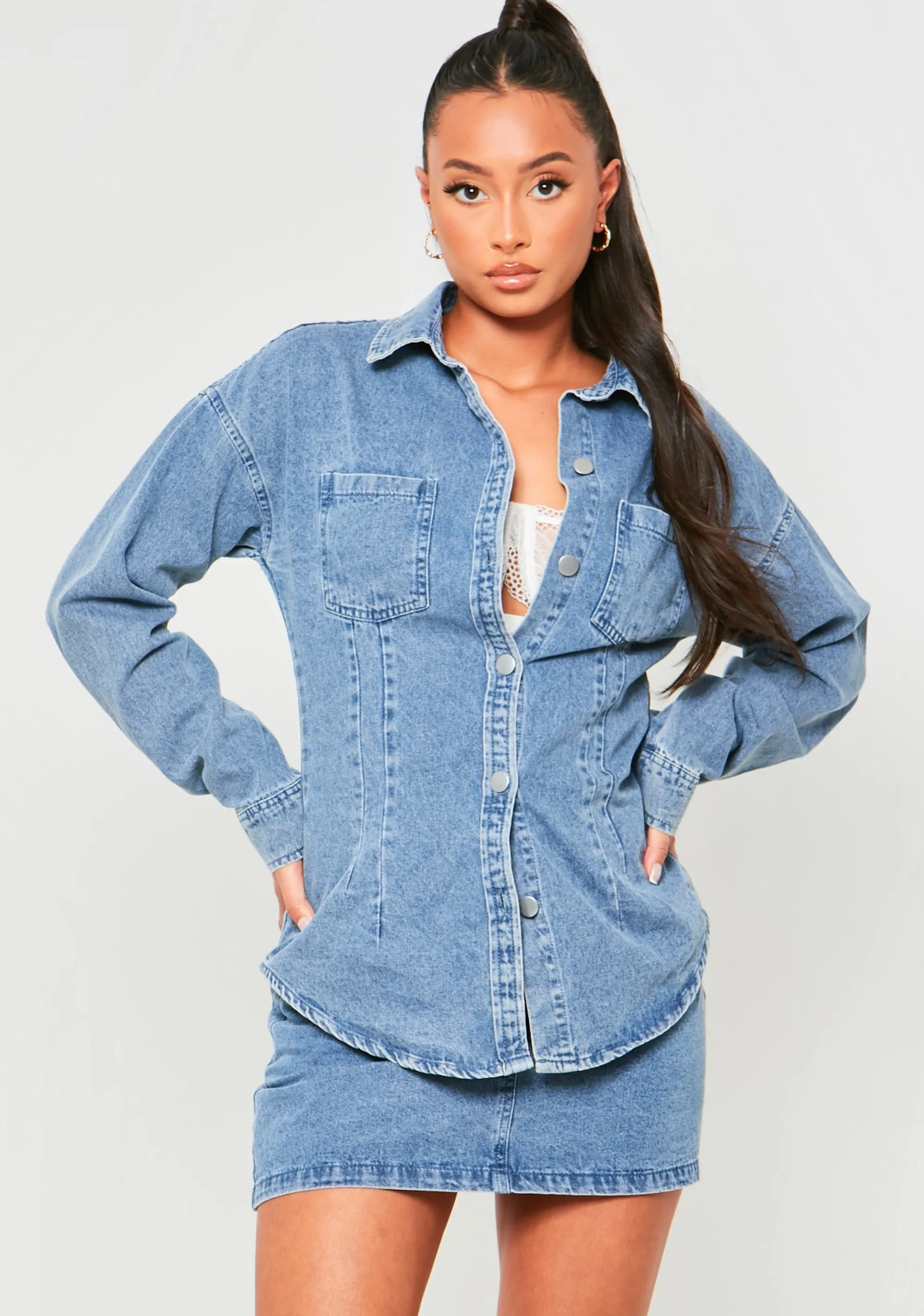 Missy Empire Fiona Blue Washed Seam Detail Denim Shirt New