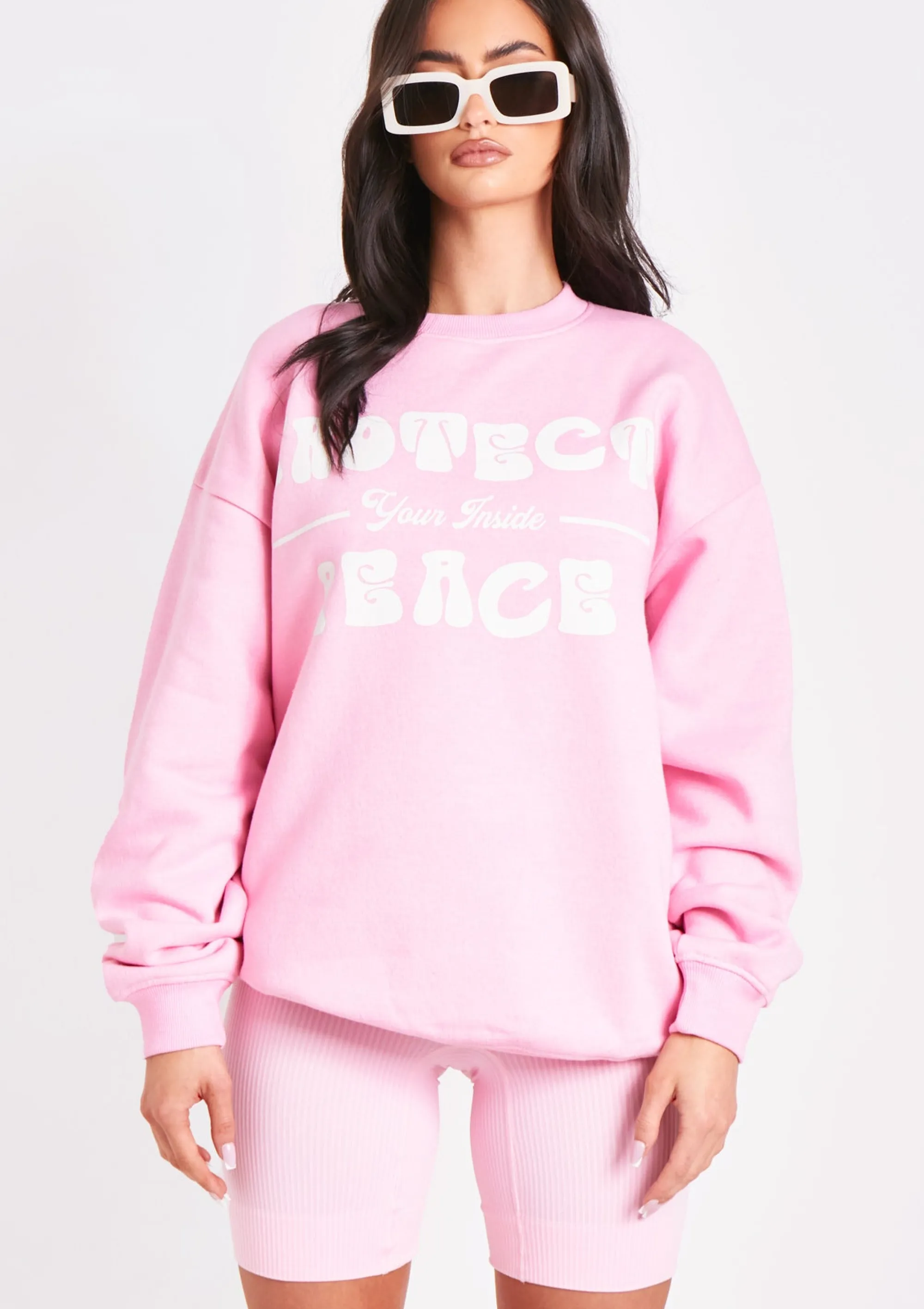 Missy Empire Fleur Pink Protect Your Peace Oversized Sweatshirt^Women Loungewear