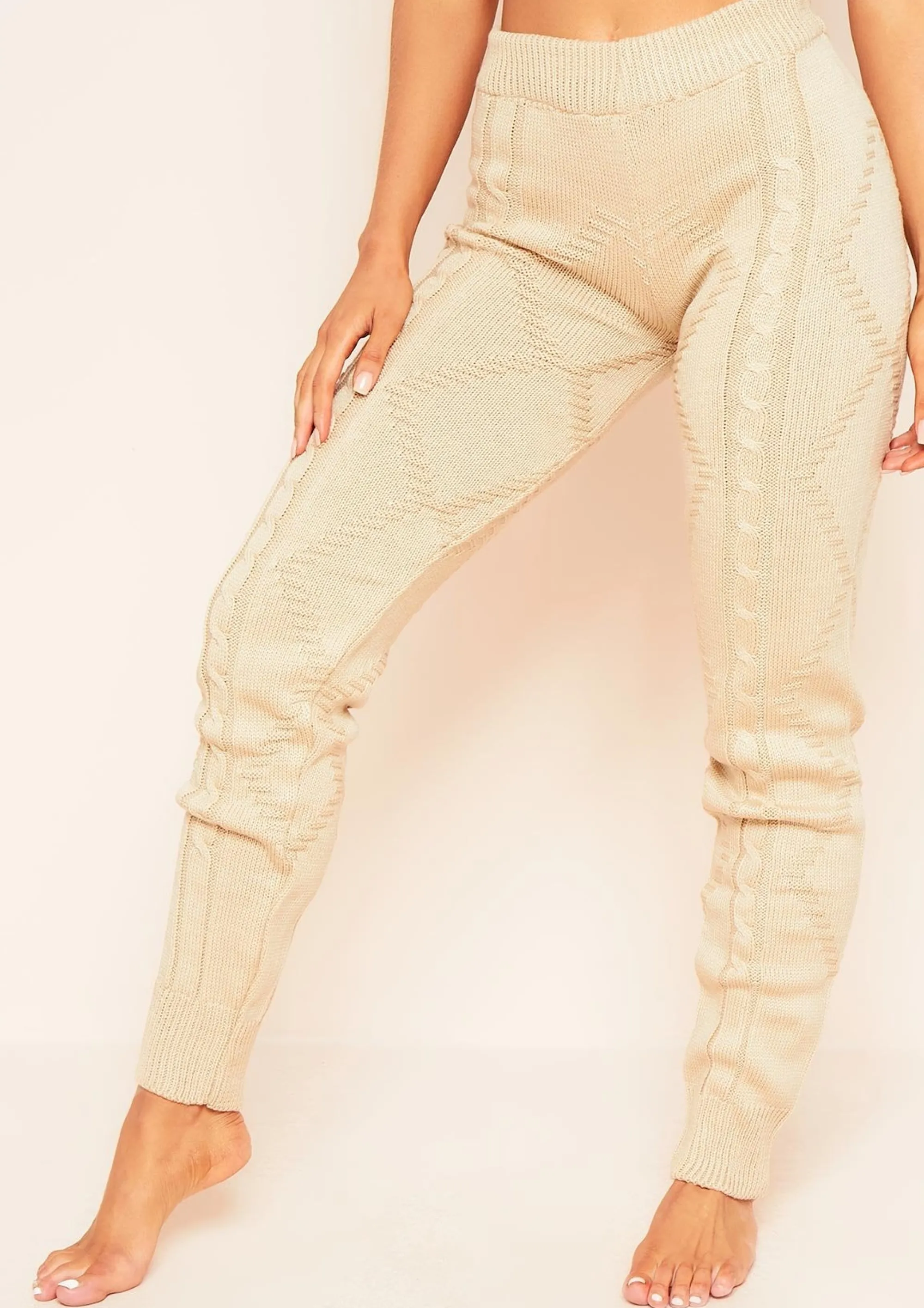 Missy Empire Flynn Beige Cable Knitted Ribbed Joggers^Women Loungewear