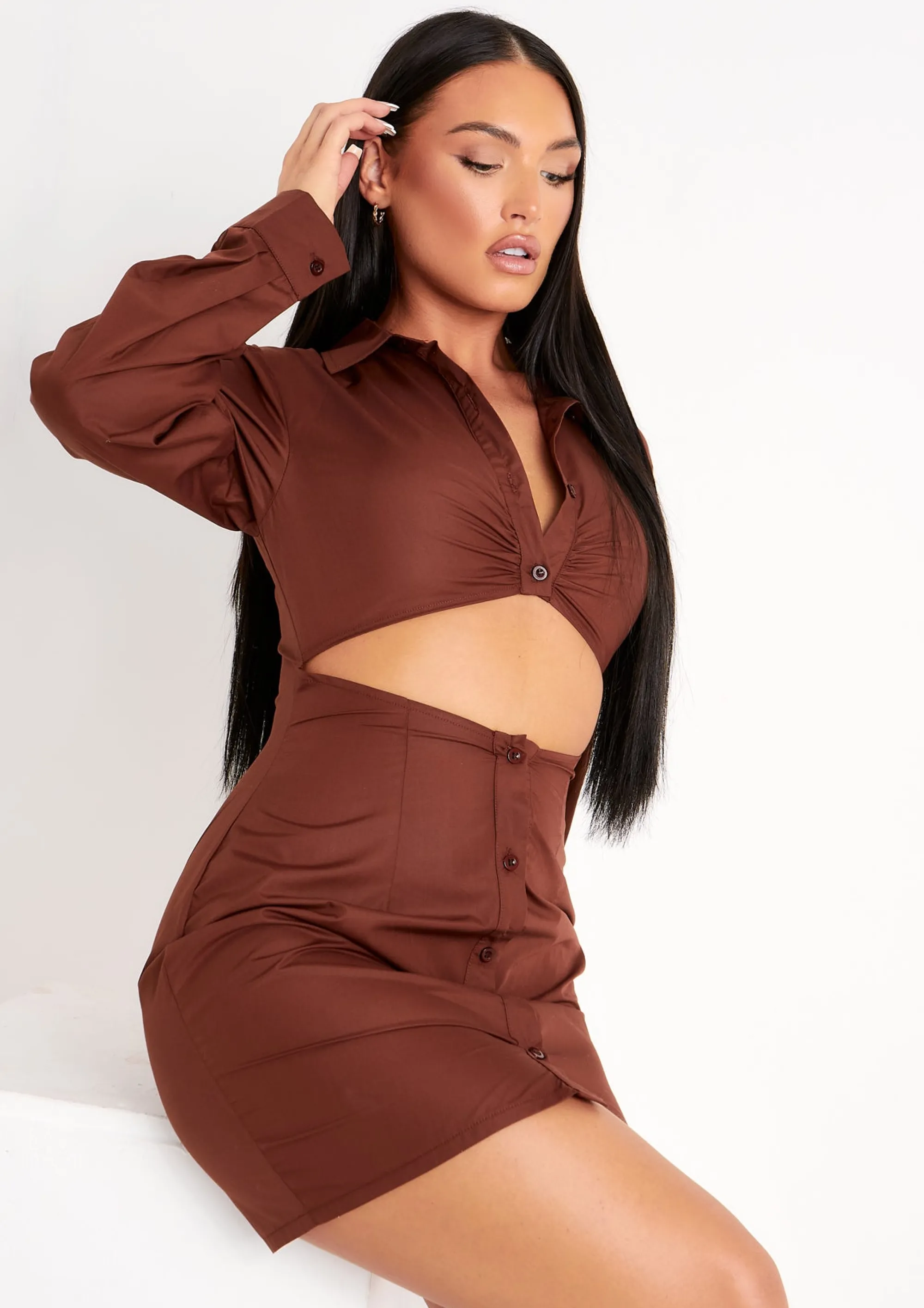 Missy Empire Gabi Chocolate Cut-Out Detail Mini Fitted Shirt Dress^Women Dresses