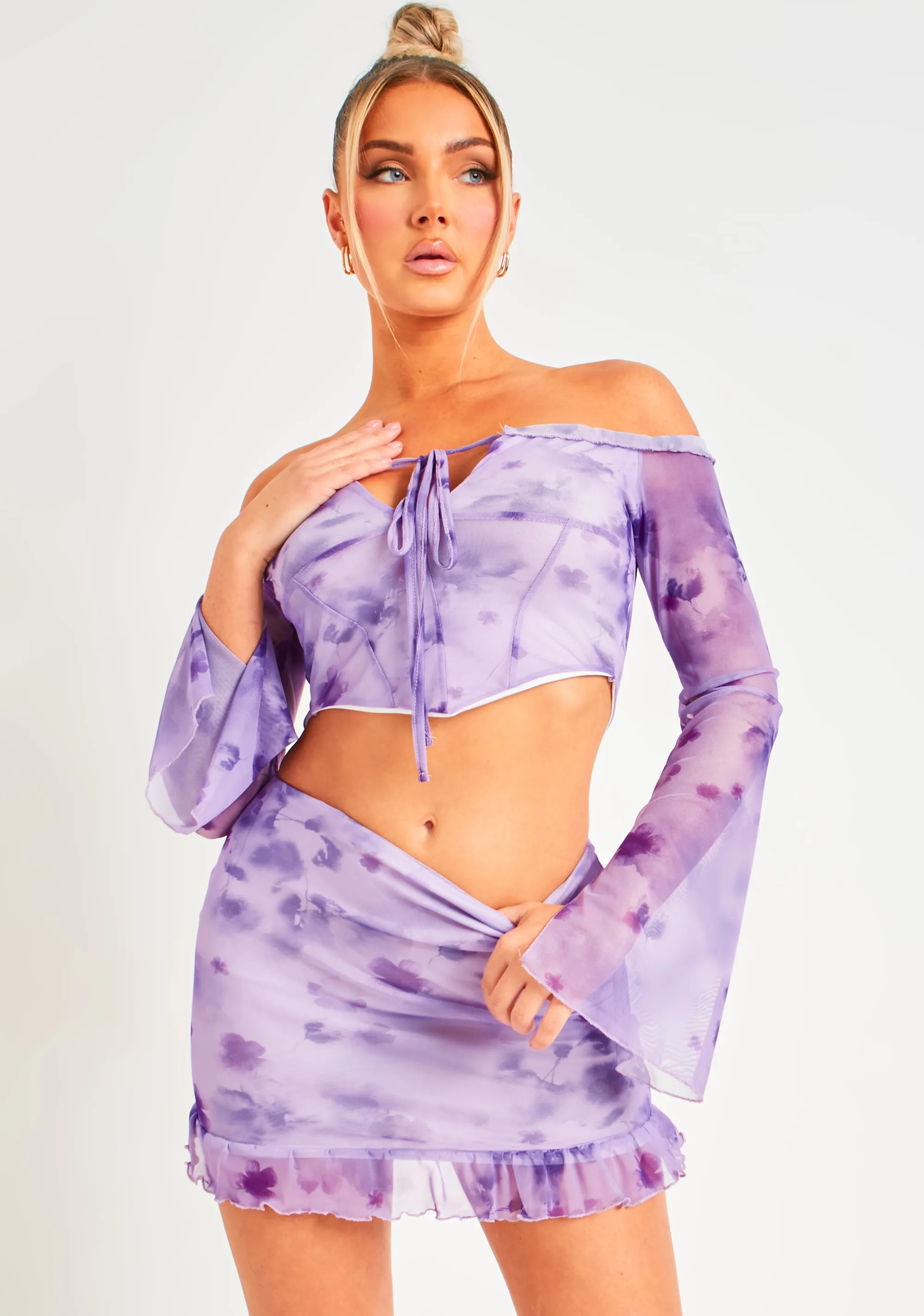 Missy Empire Gianna Purple Frill Floral Mesh Halter Neck Top Online