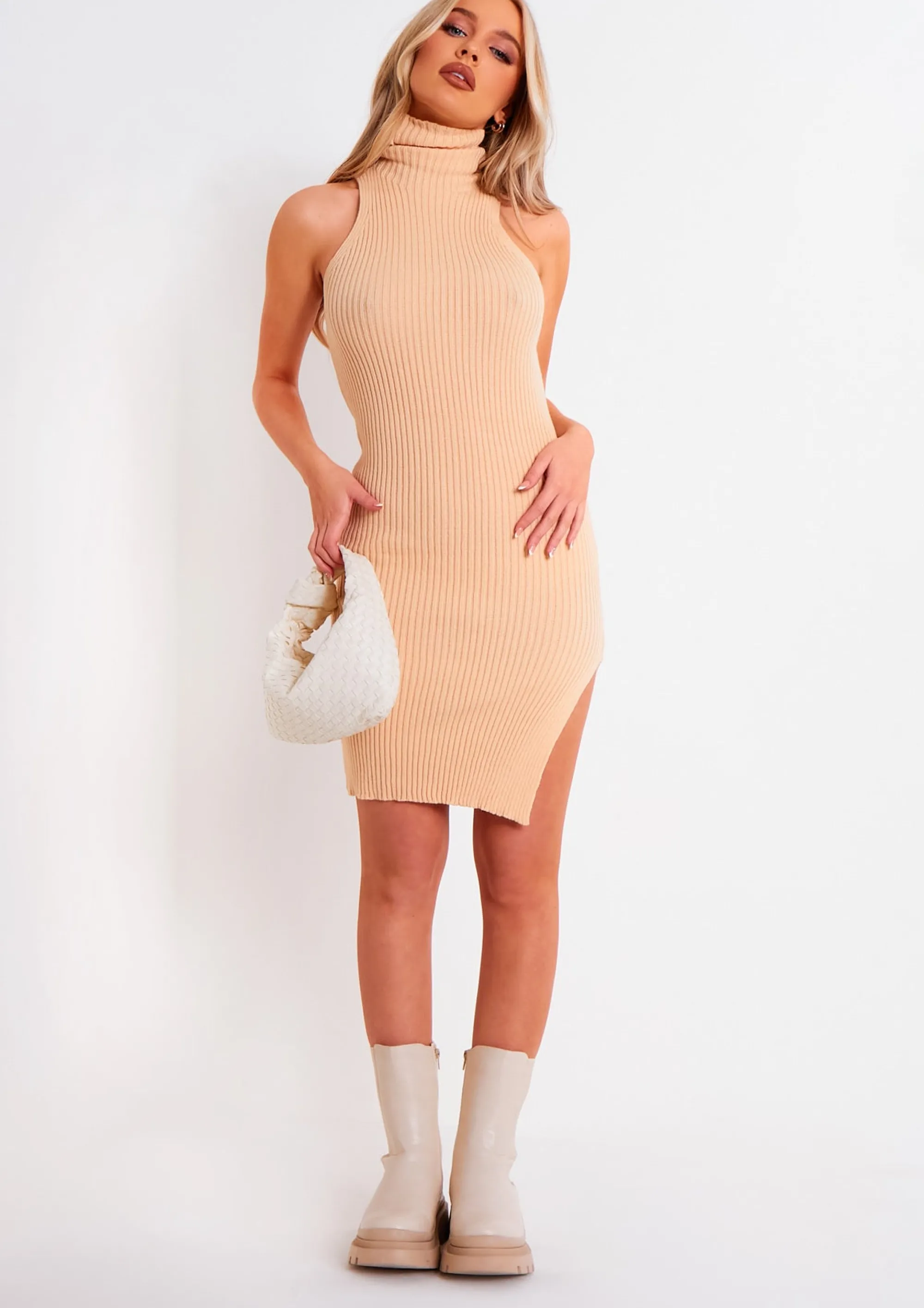 Missy Empire Gina Beige Ribbed Knit Roll Neck Dress With Split^Women Dresses