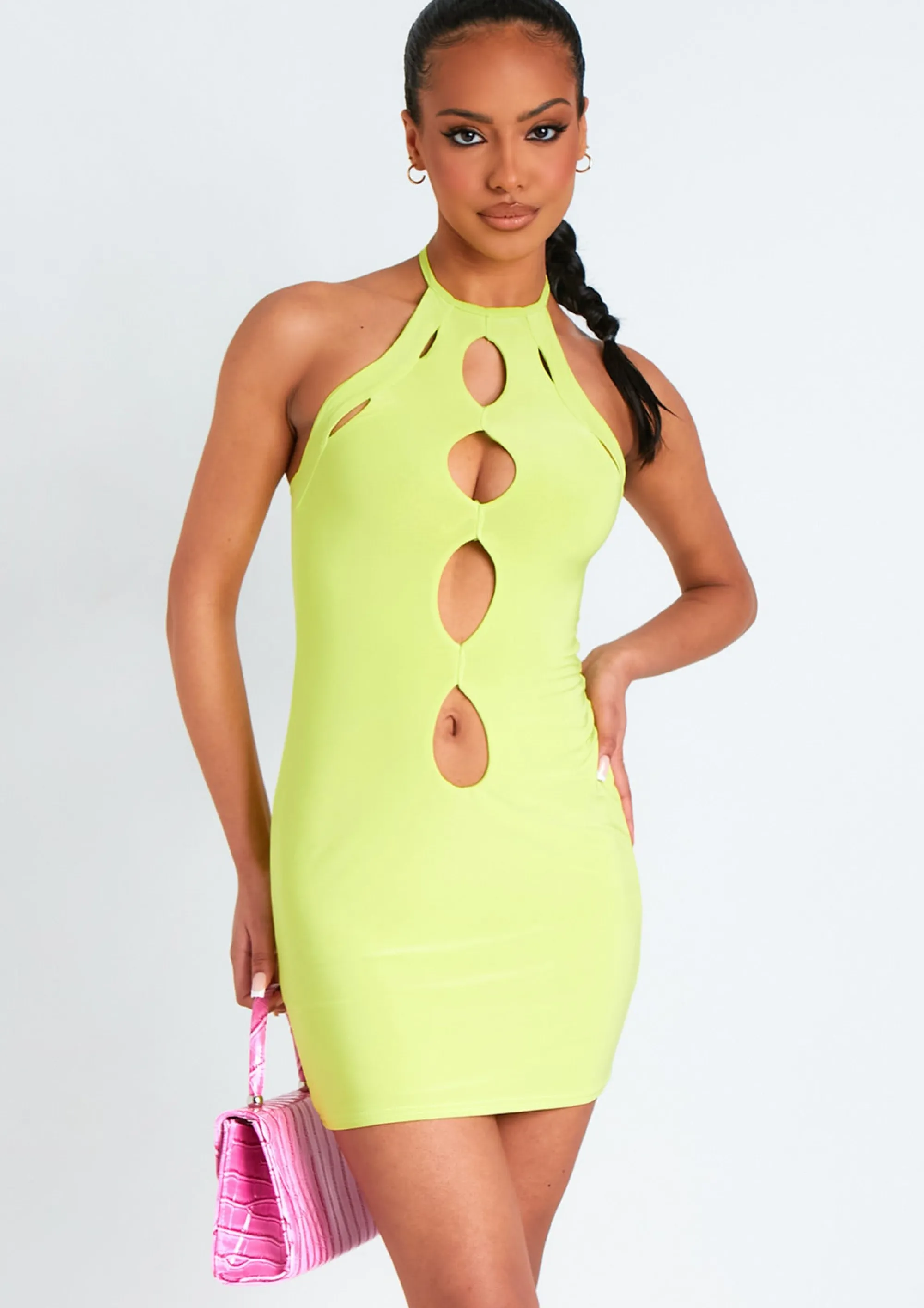 Missy Empire Giselle Lime Cut Out Halter Neck Double Layered Mini Dress^Women Dresses