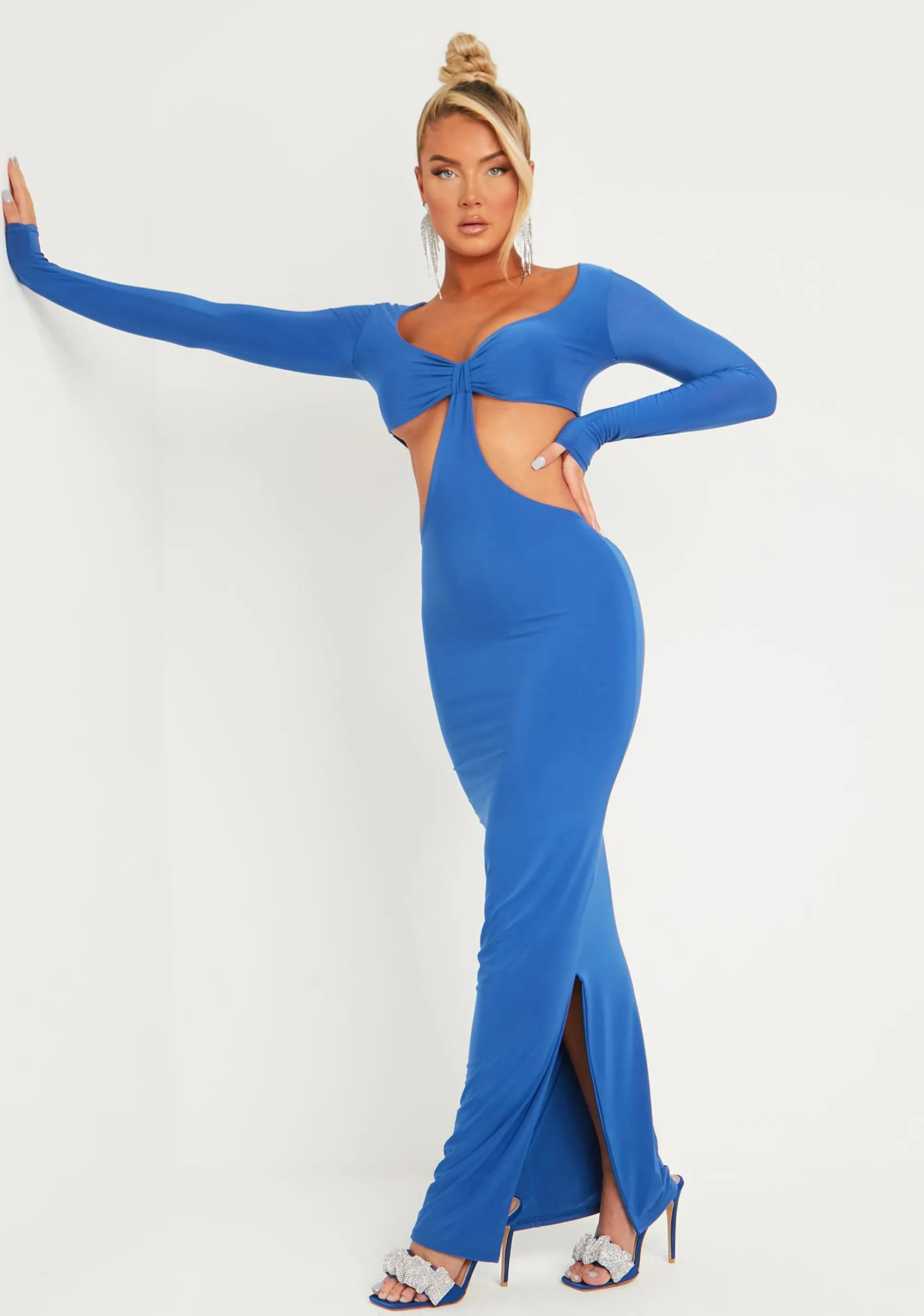 Missy Empire Gypsi Cobalt Blue Double Layer Slinky Long Sleeve Cut Out Maxi Dress^Women Dresses