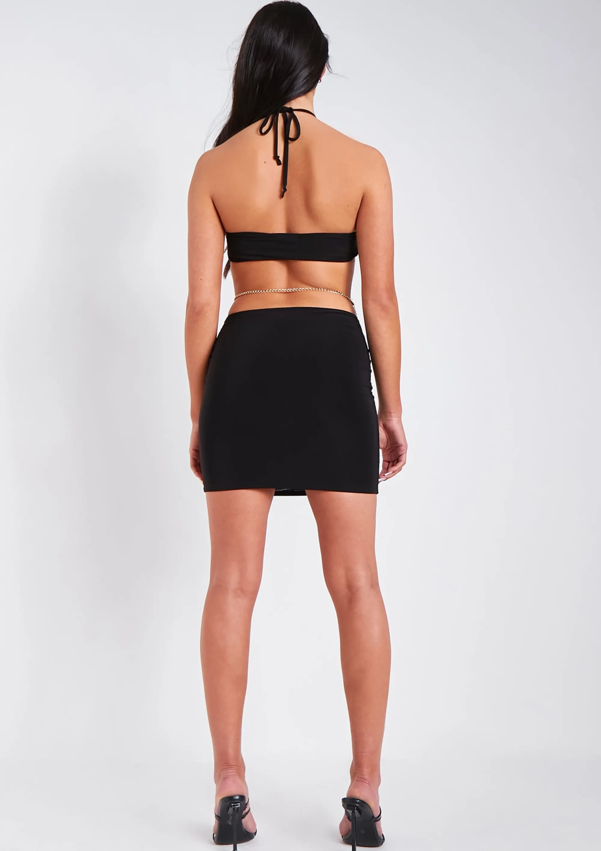 Missy Empire Hannah Black Halter Neck Cut Out Backless Chain Detail Mini Dress^Women Dresses