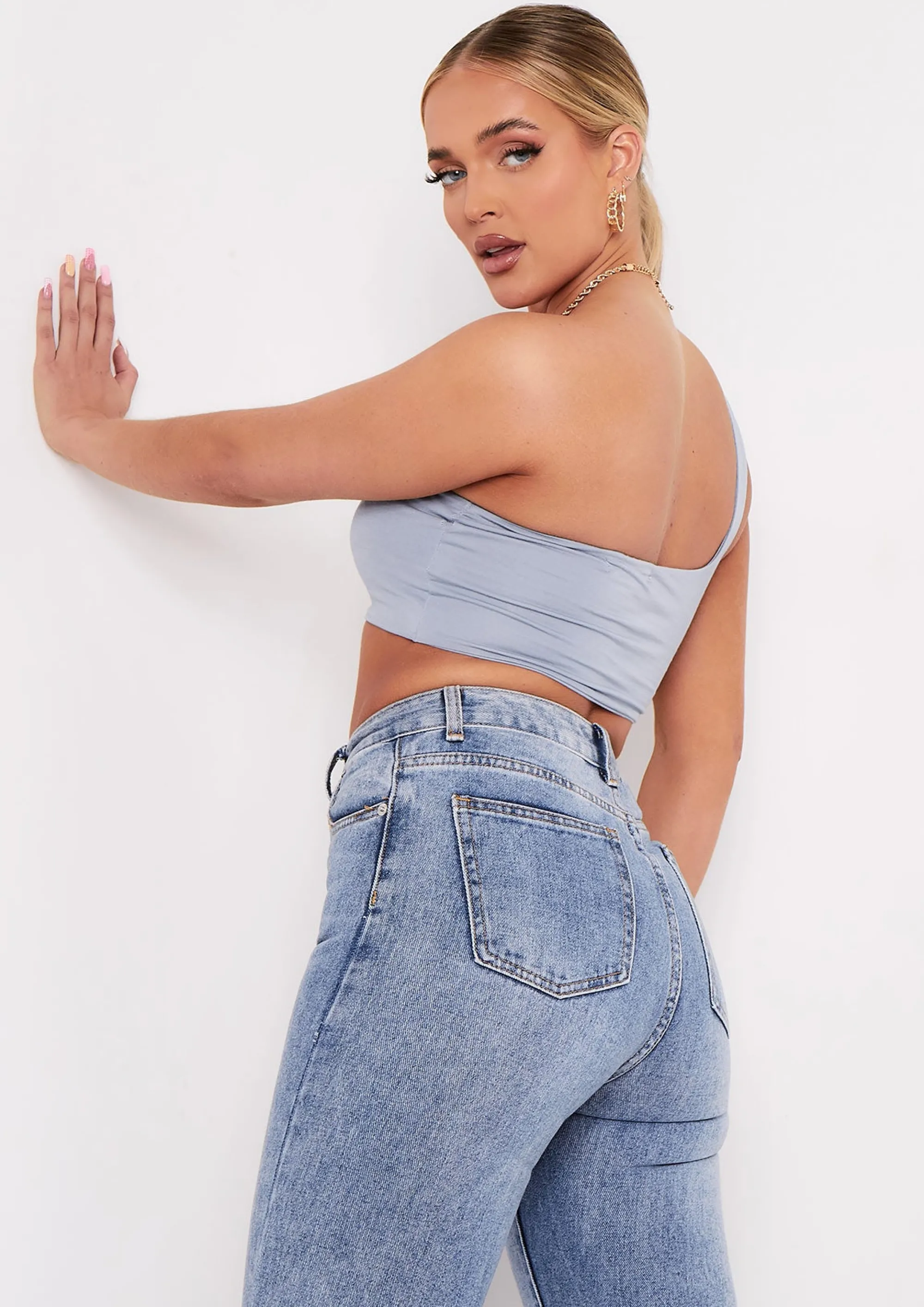 Missy Empire Hannah Blue Double Thick One Shoulder Crop Top Flash Sale