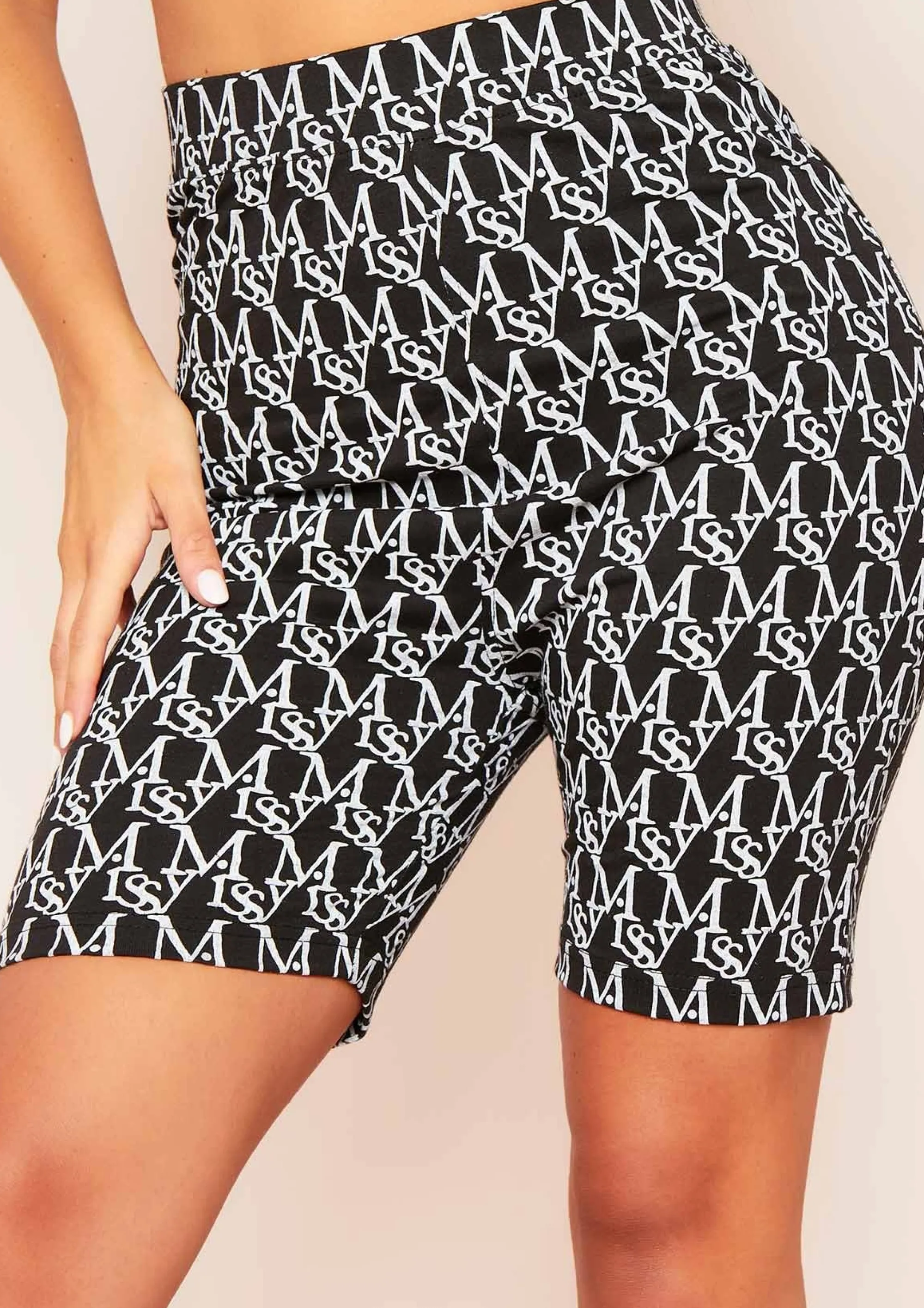 Missy Empire Hariet Black High Waist Missy Print Branded Cycle Shorts^Women Shorts