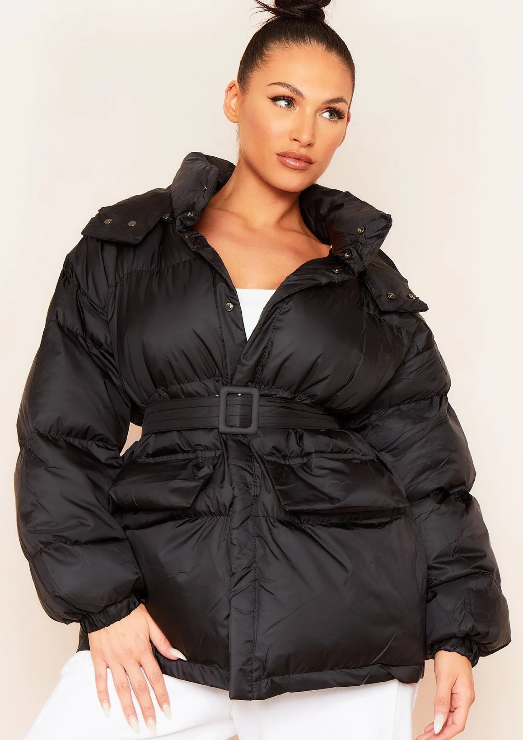 Missy Empire Jamie Black Belted Waist Puffer Coat Sale