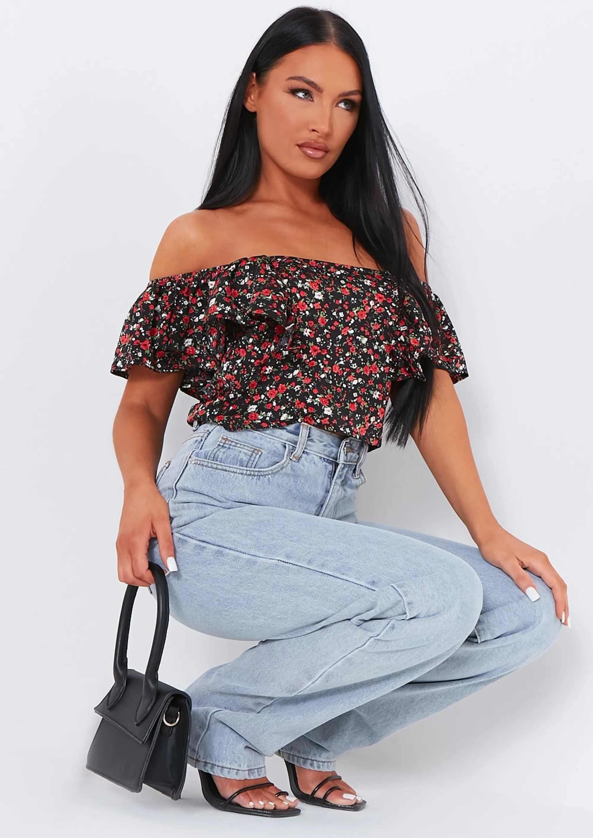 Missy Empire Jasleen Black Floral Printed Frill Detail Crop Top Best Sale