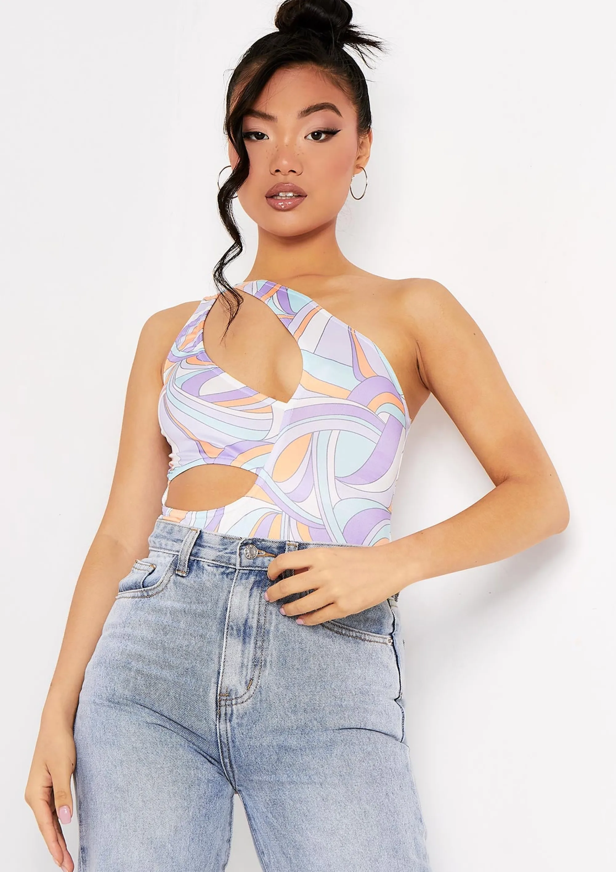 Missy Empire Jazmin Lilac Printed One Shoulder Cut Out Bodysuit Shop