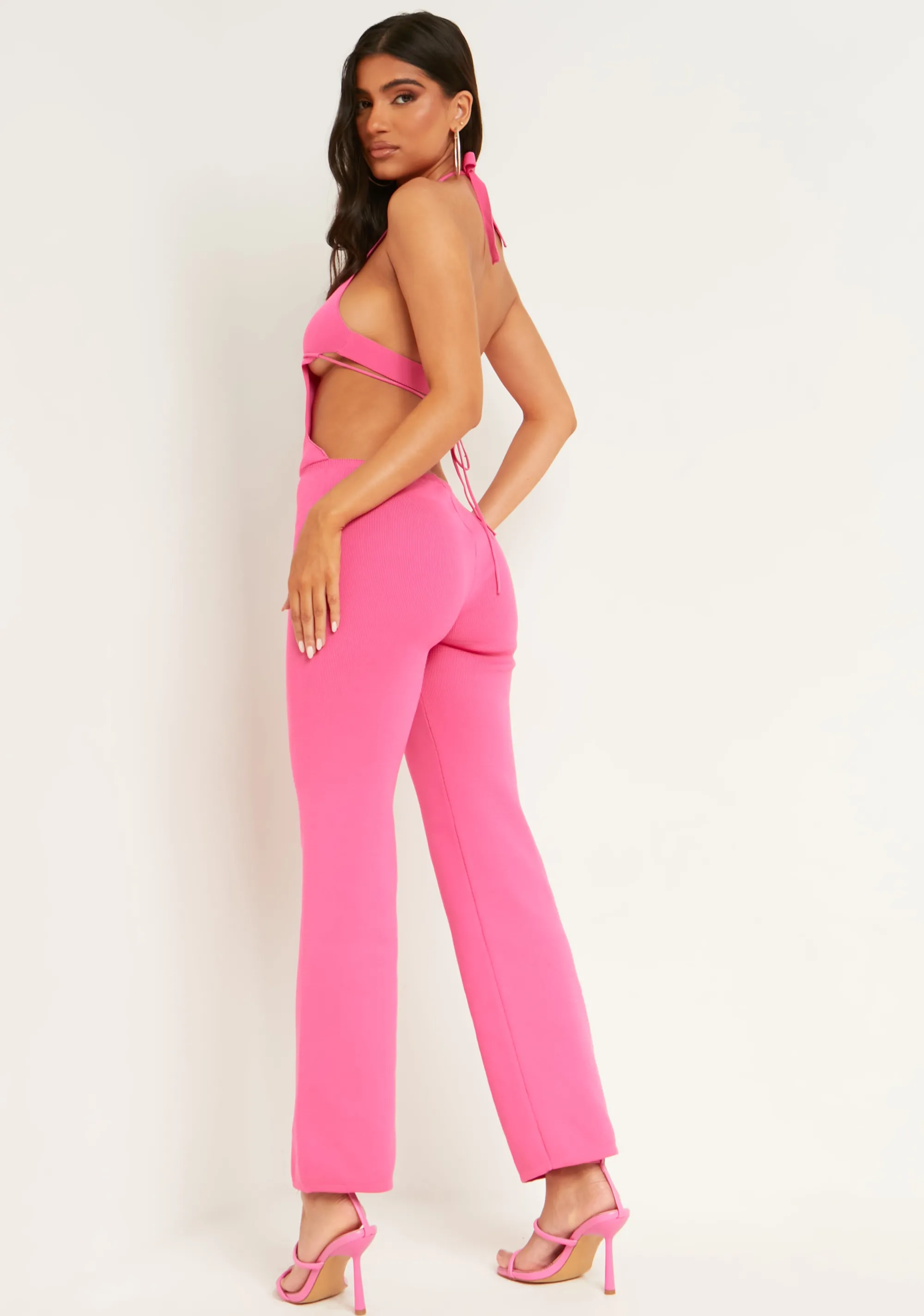 Missy Empire Jenny Pink Knitted Cut Out Tie Front Jumpsuit^Women Jumpsuits & Playsuits