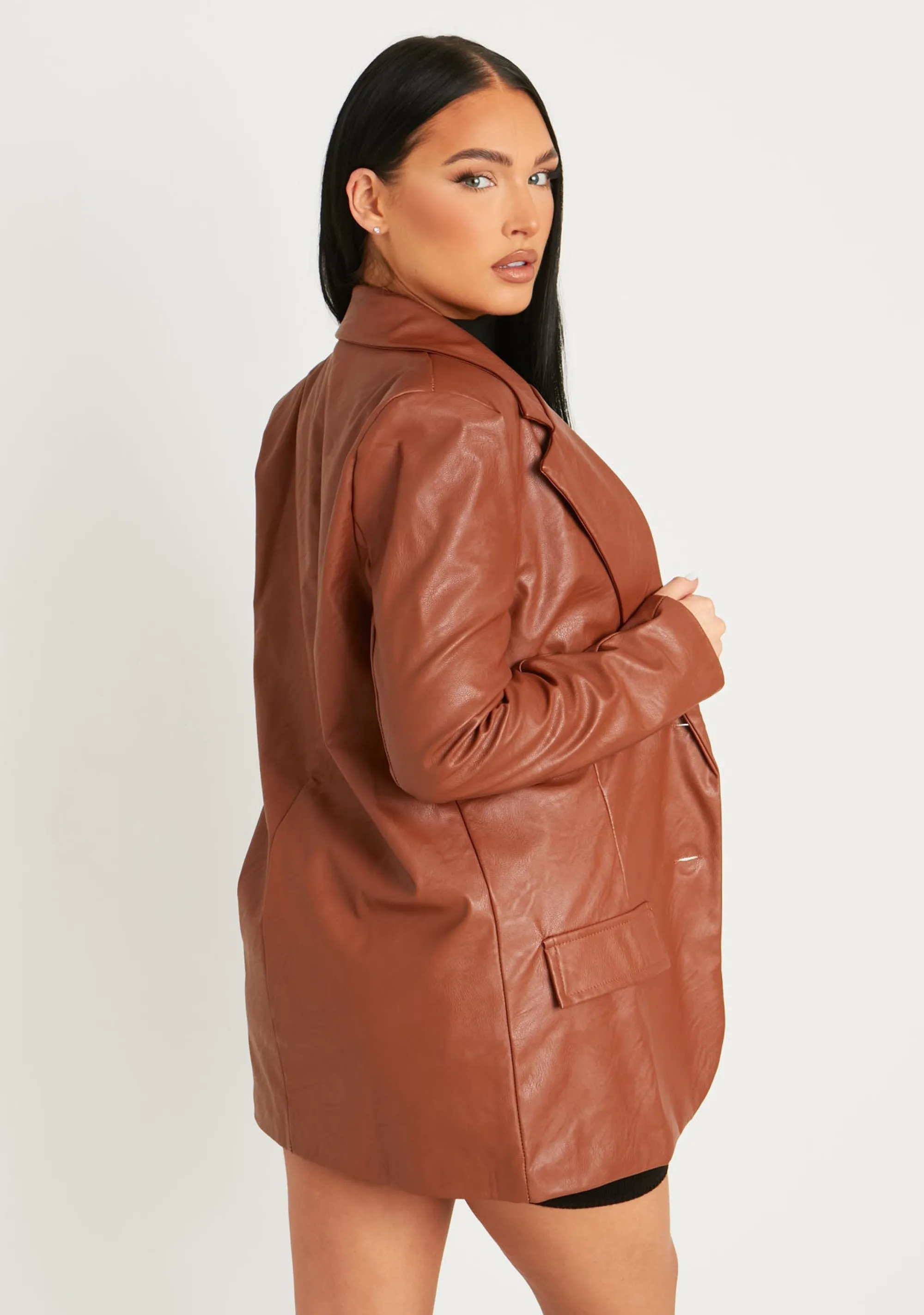 Missy Empire Jess Chocolate Faux Leather Oversized Blazer Discount