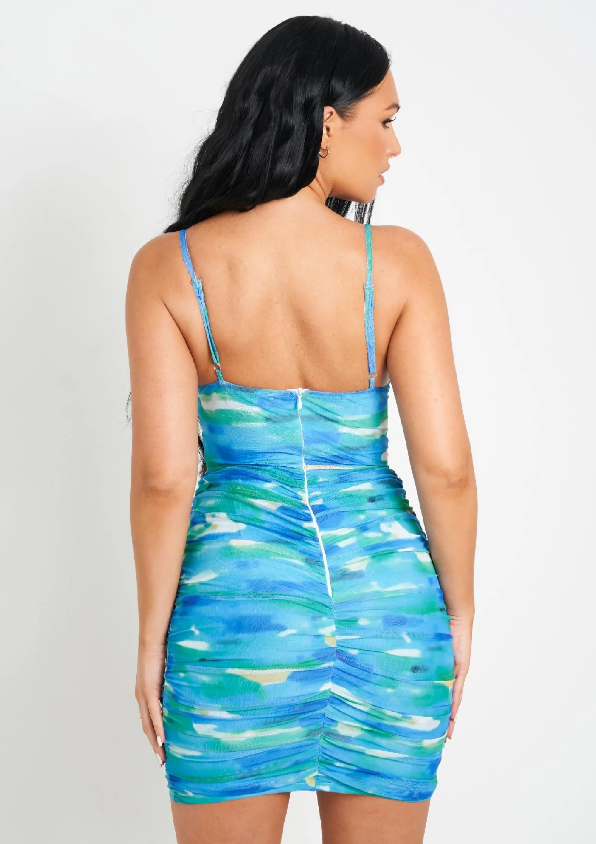 Missy Empire Johnanna Blue Print Mesh Corset Mini Dress^Women Dresses