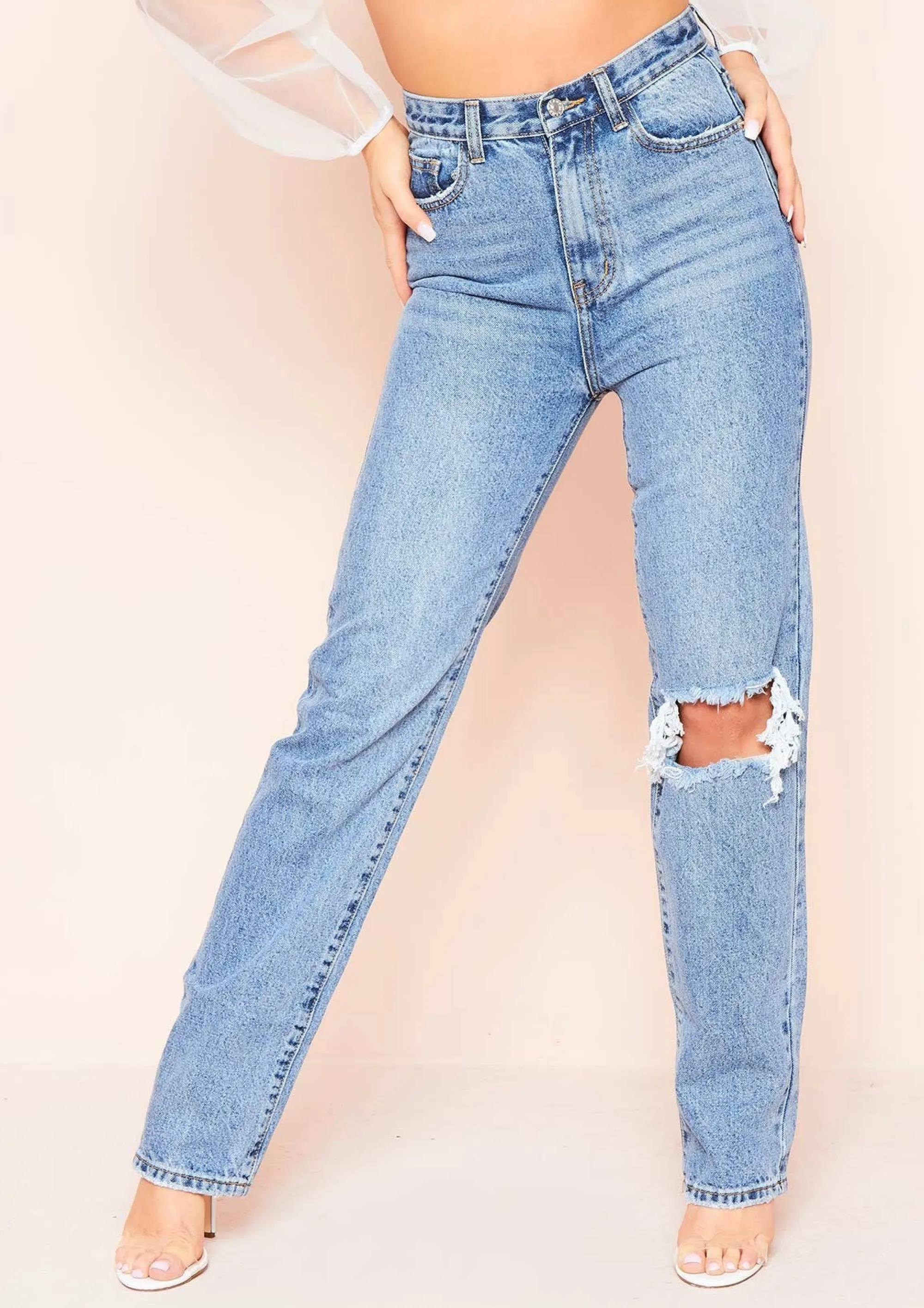 Missy Empire Juditha Denim Ripped Knee Straight Leg Jeans Online