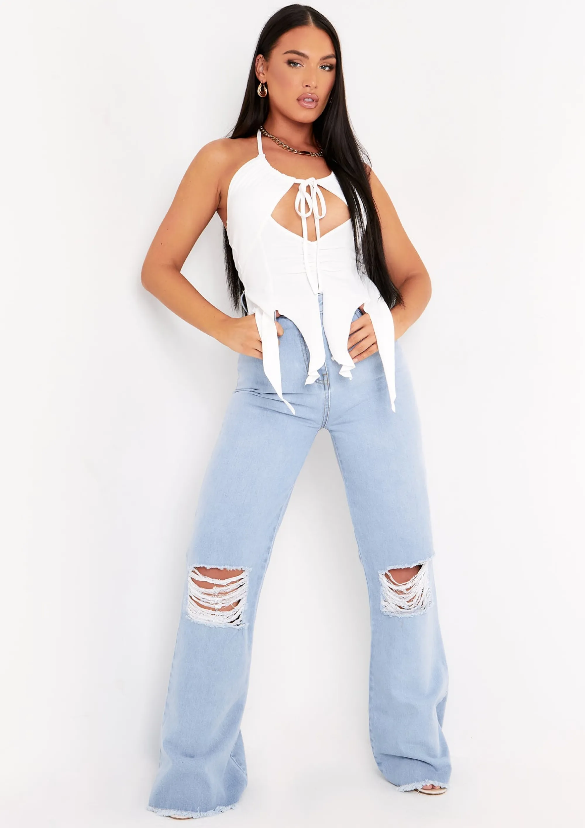 Missy Empire Justine Light Blue Wash Wide Leg Ripped Denim Jeans Cheap