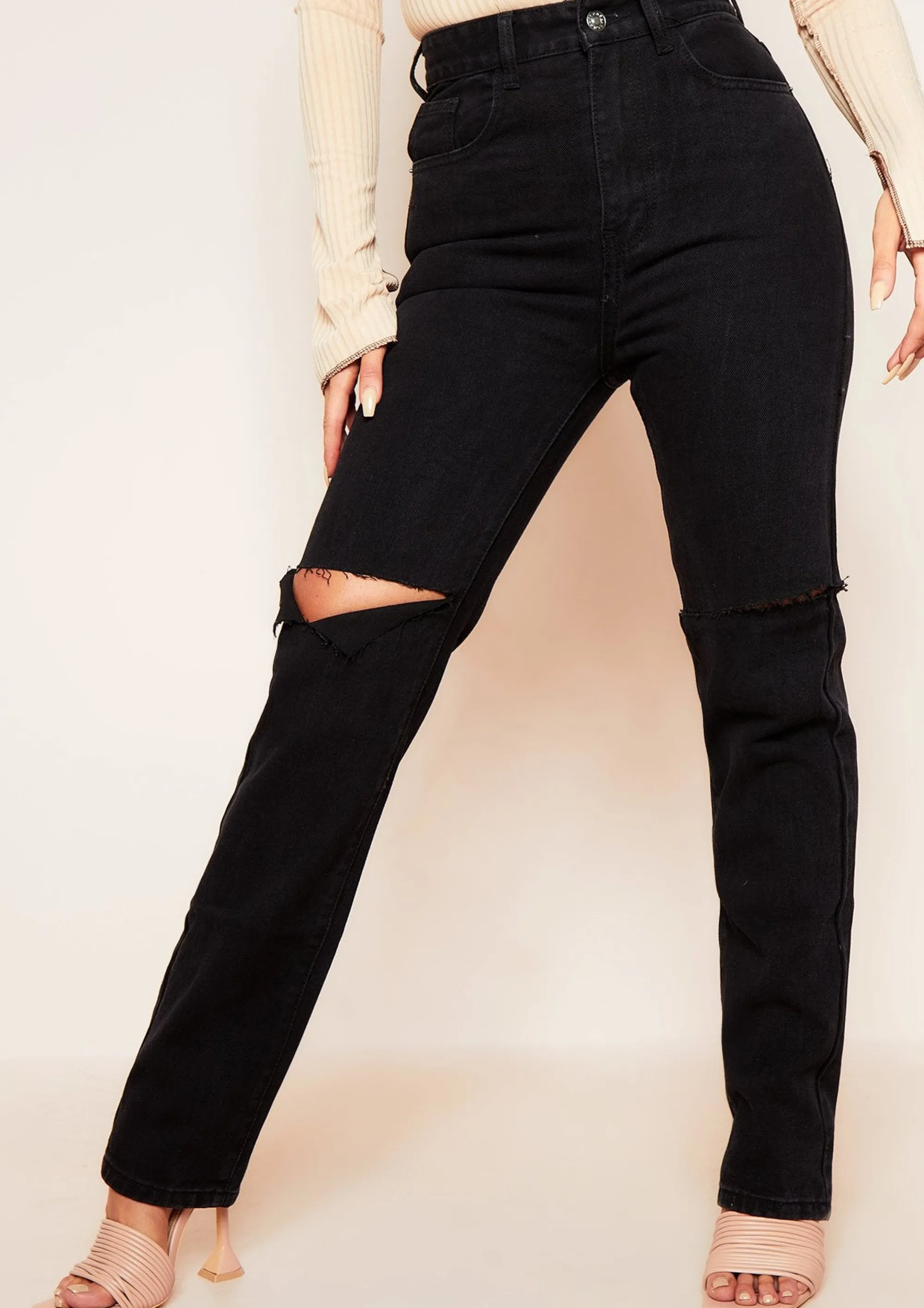 Missy Empire Kady Black Slashed Knee Straight Leg Jeans Store