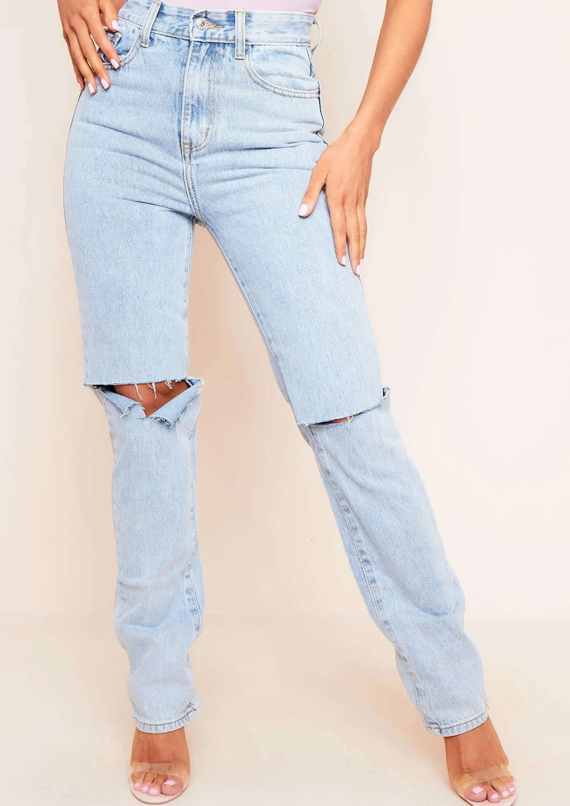 Missy Empire Kady Blue Slashed Knee Straight Leg Jeans Store