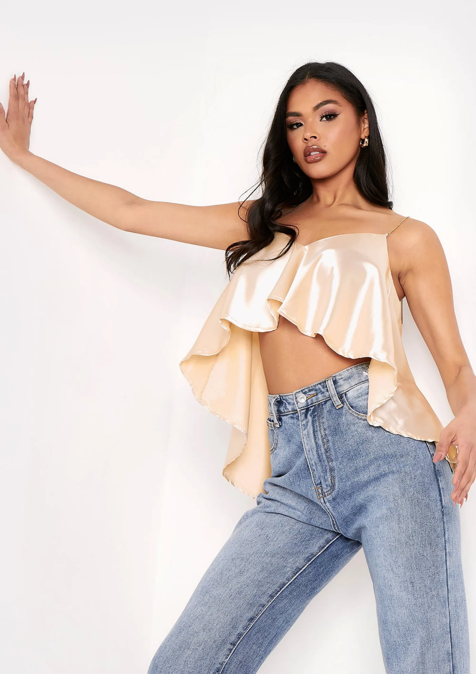 Missy Empire Kai Champagne Flounce Ruffle Chain Strap Crop Top Discount