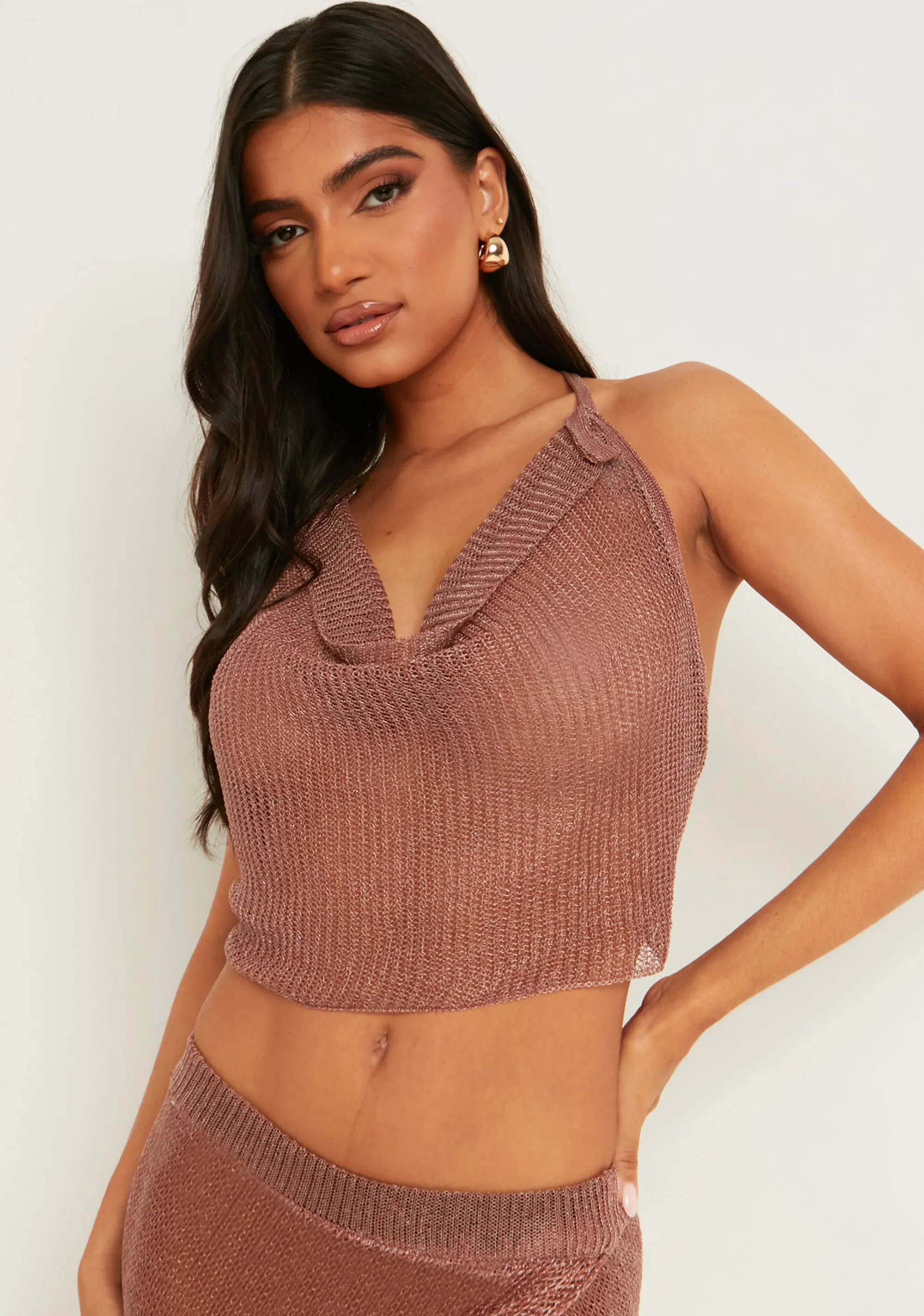 Missy Empire Kali Bronze Metallic Knit Cowl Top Store