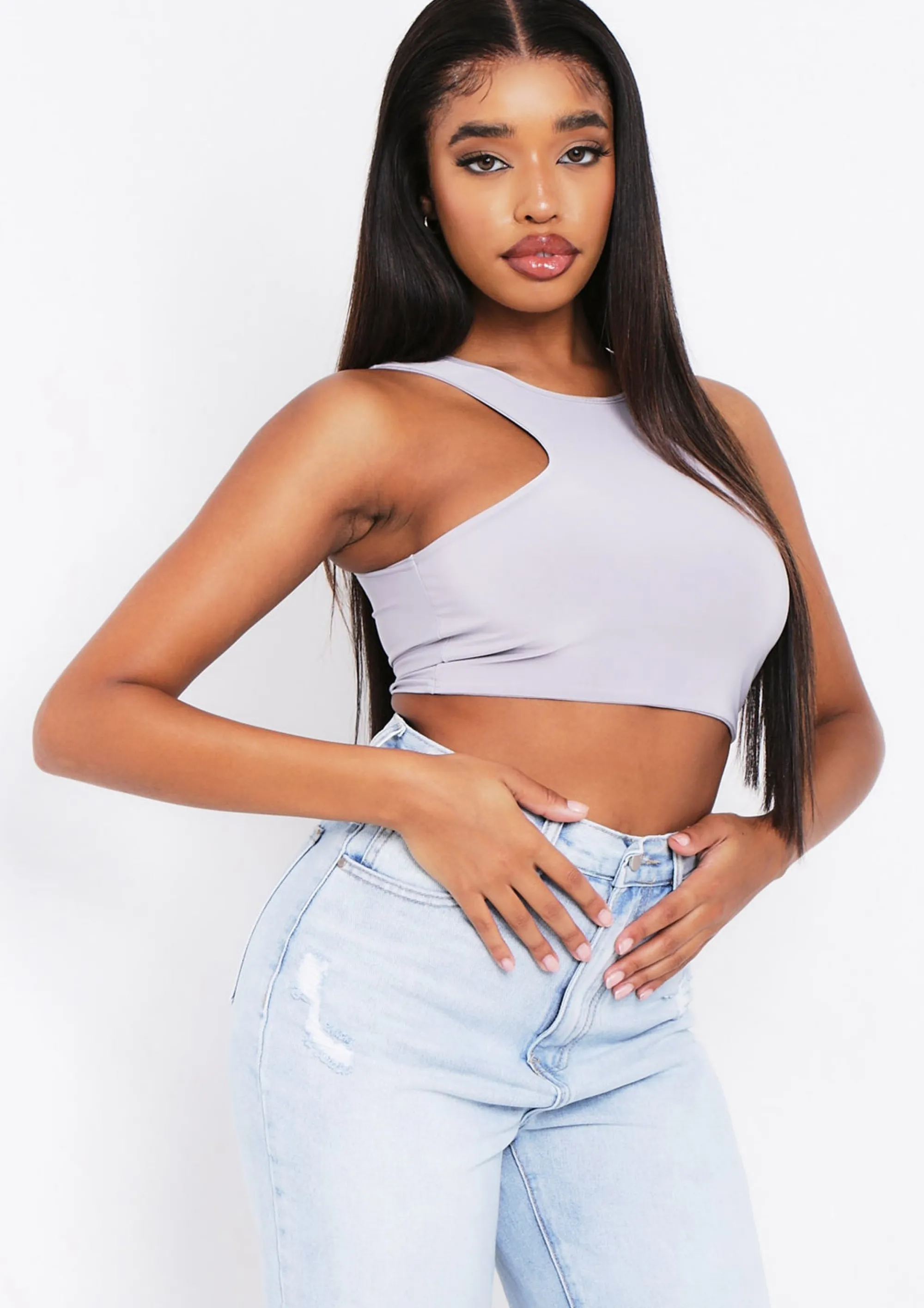 Missy Empire Kandee Grey Extreme Racer Crop Top Flash Sale