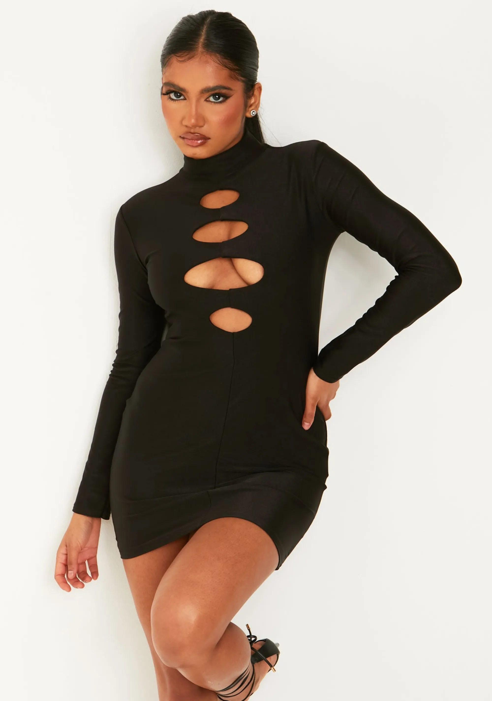 Missy Empire Kayla Black Disco Long Sleeve High Neck Cut Out Mini Dress^Women Dresses