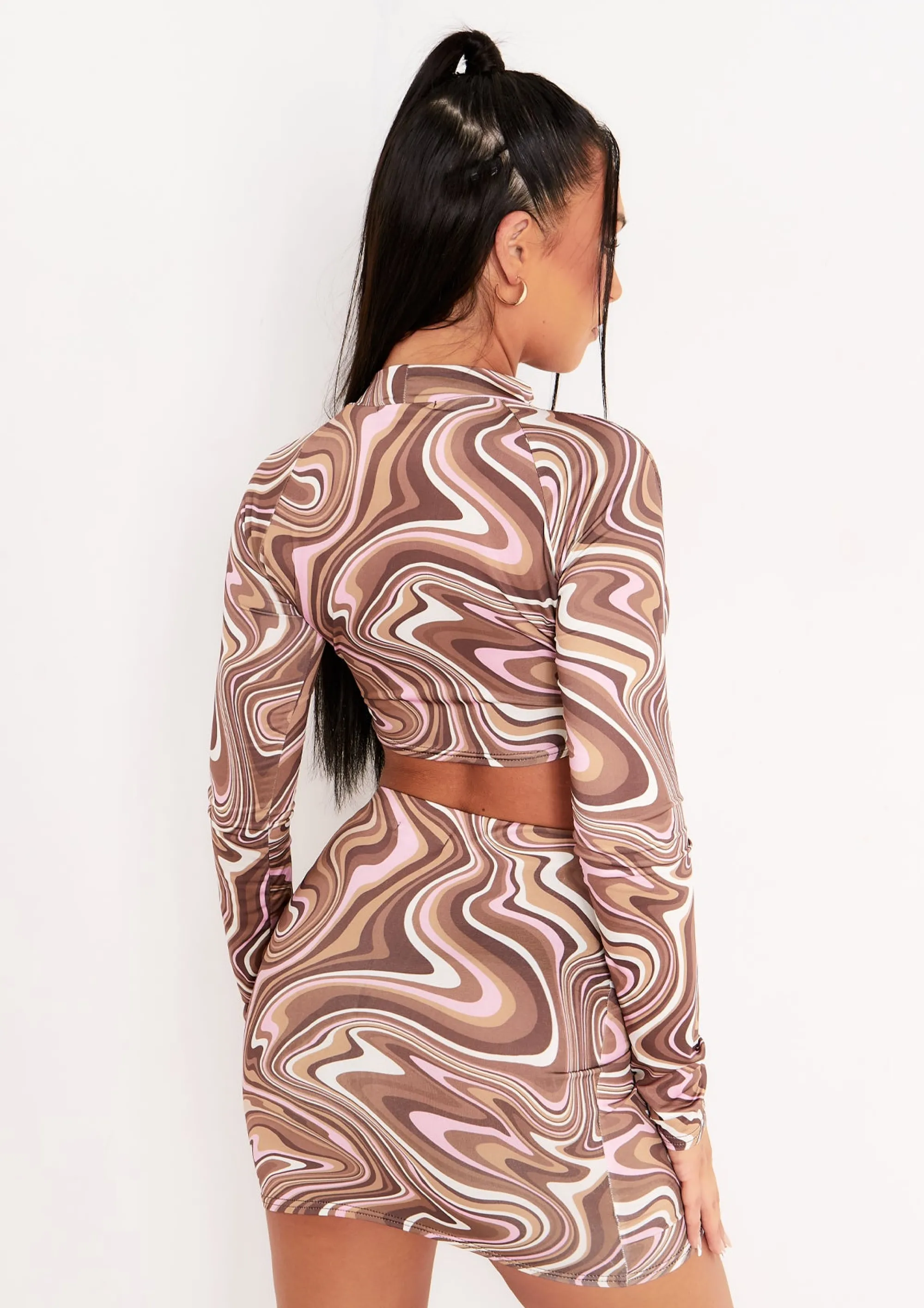 Missy Empire Keeley Brown Swirl Print Cut Out Long Sleeve Crop Top Online