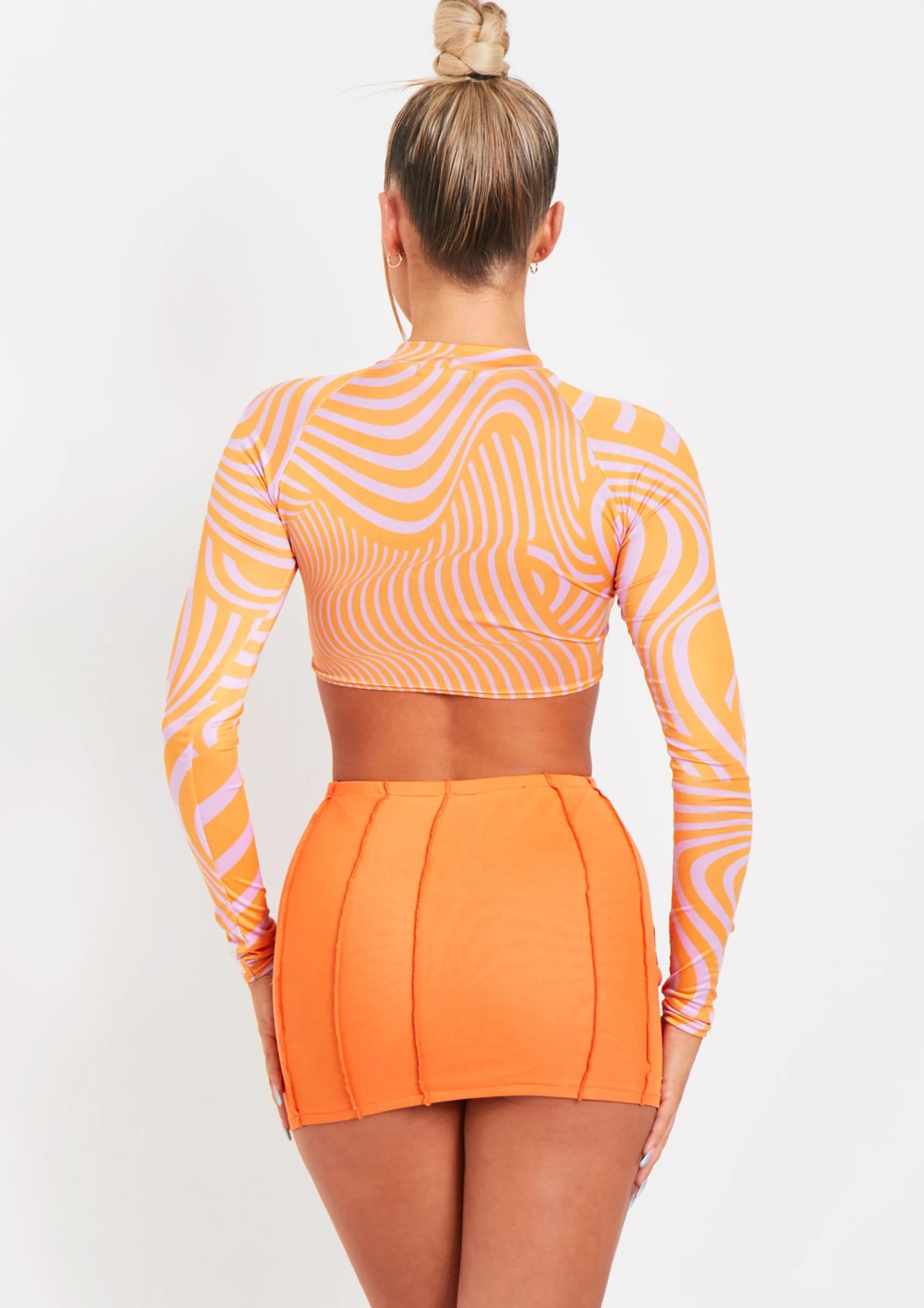 Missy Empire Keeley Pink Swirl Print Cut Out Long Sleeve Crop Top Cheap