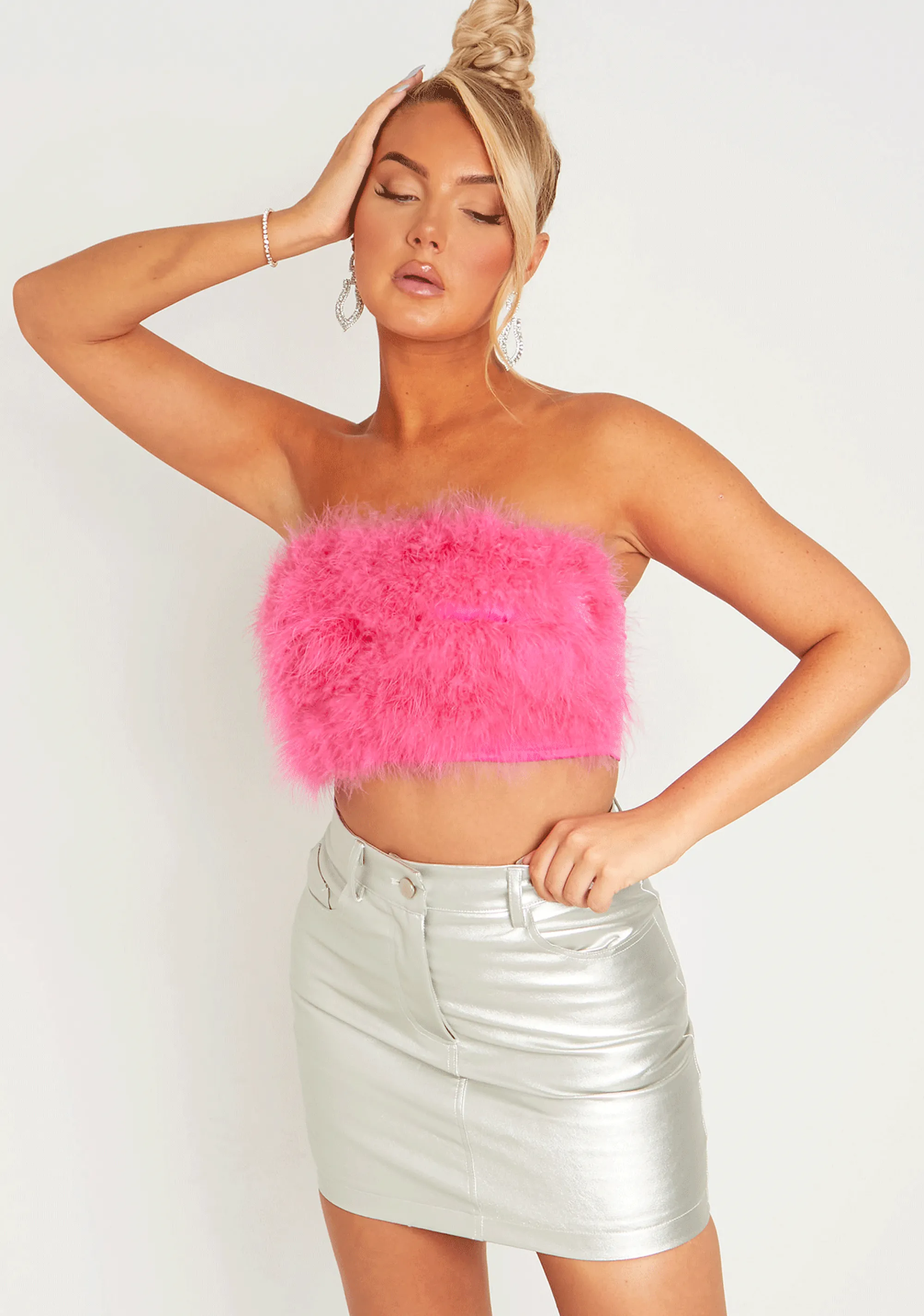 Missy Empire Kiely Pink Feather Bandeau Crop Top Online