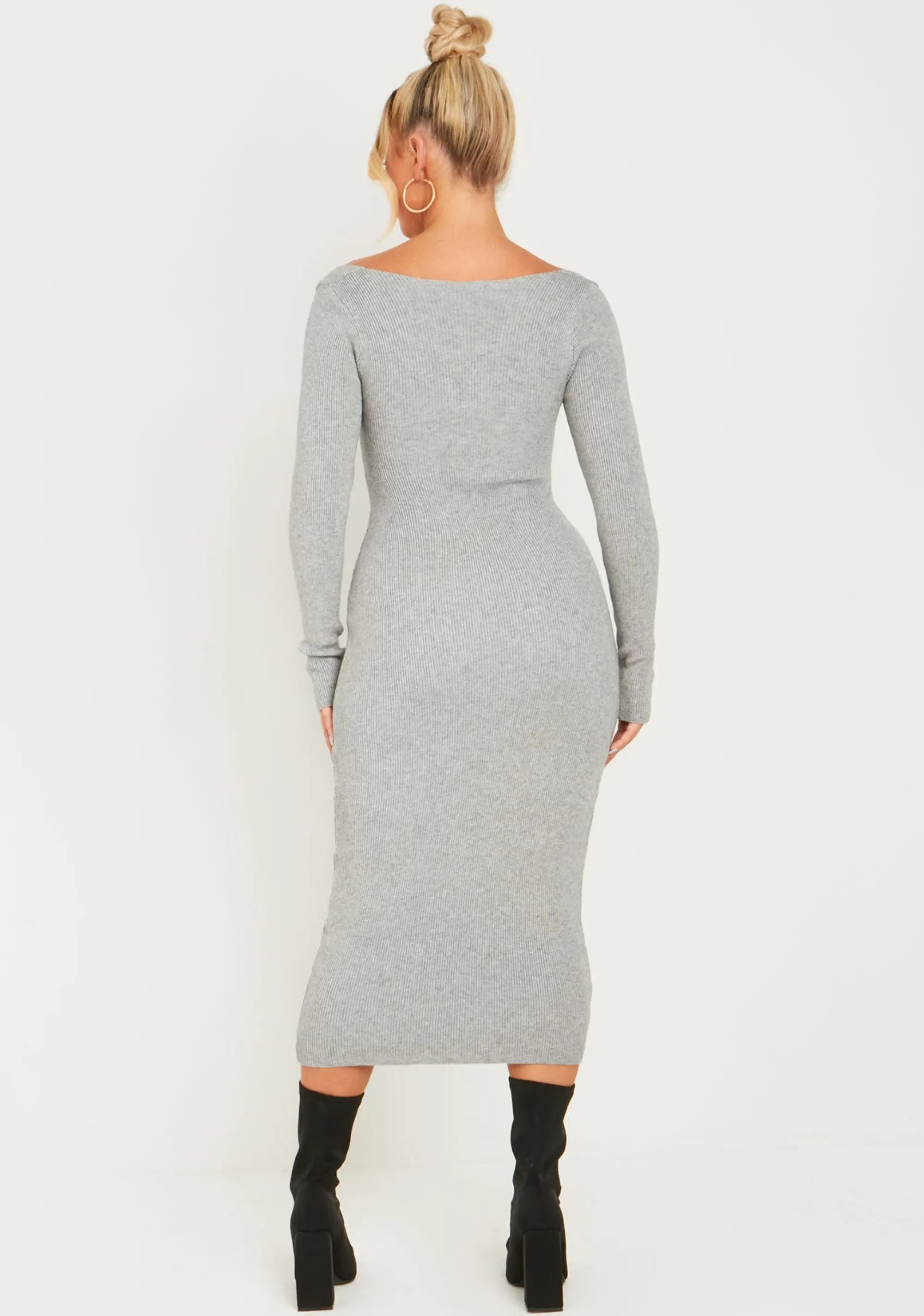 Missy Empire Kim Light Grey Knit Square Neck Long Sleeve Midi Dress^Women Dresses
