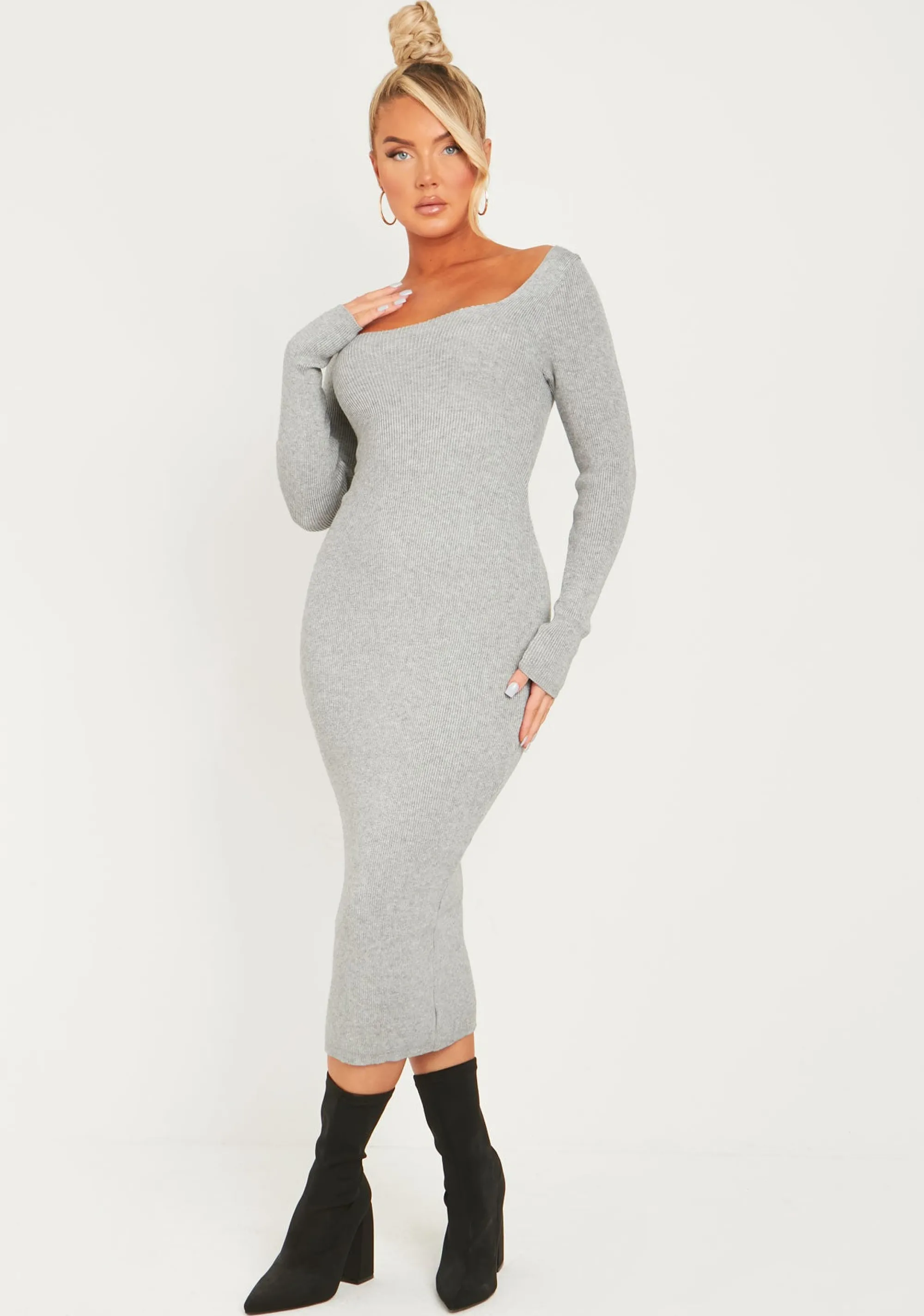 Missy Empire Kim Light Grey Knit Square Neck Long Sleeve Midi Dress^Women Dresses