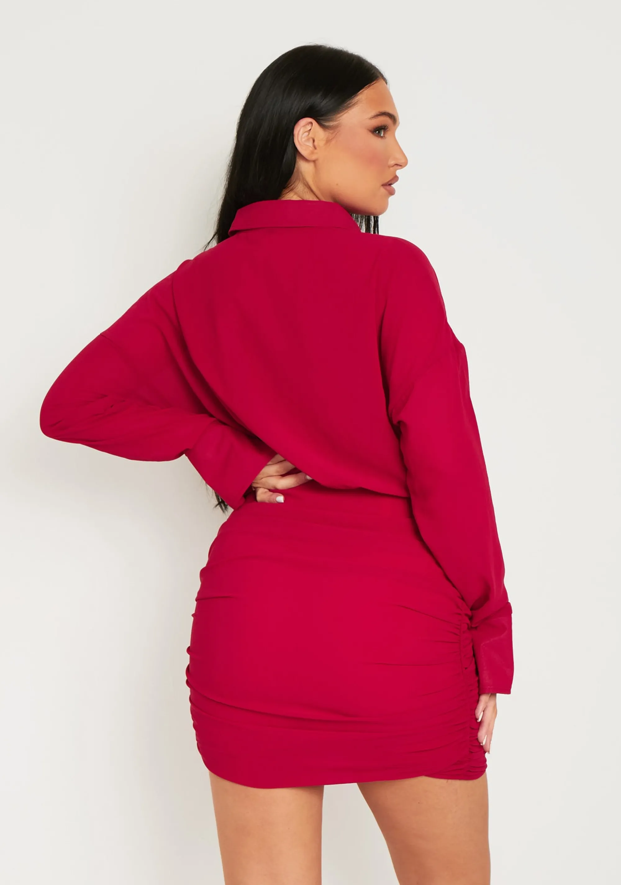 Missy Empire Kirsty Burgundy Long Sleeve Plunge Front Ruched Skirt Mini Dress^Women Dresses