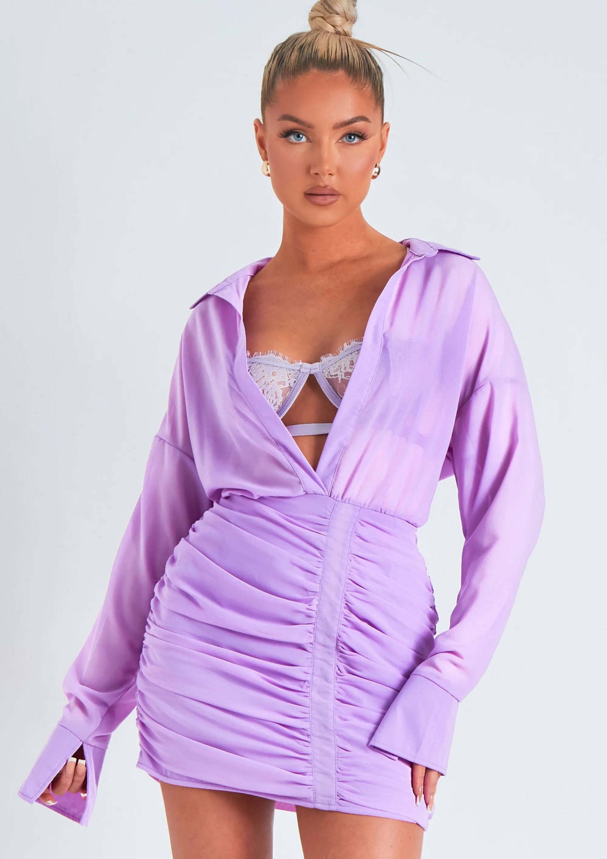 Missy Empire Kirsty Lilac Long Sleeve Plunge Front Ruched Skirt Mini Dress^Women Dresses
