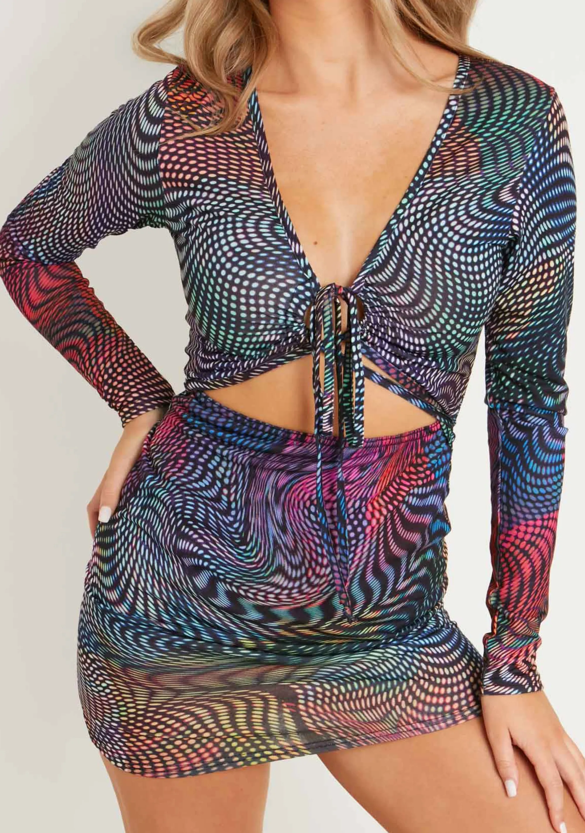 Missy Empire Klyah Multi Abstract Print Long Sleeve Cross Front Mini Dress^Women Dresses