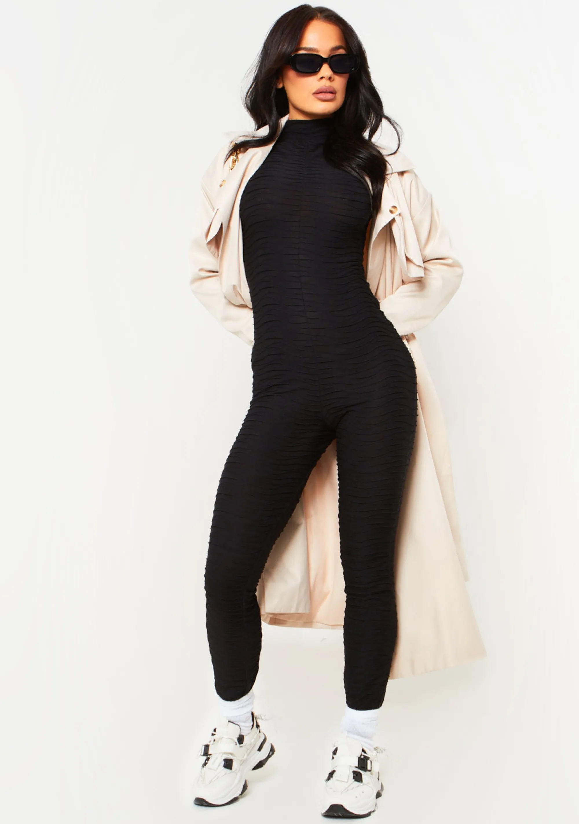 Missy Empire Laura Black Textured Zip Through Jumpsuit^Women Jumpsuits & Playsuits