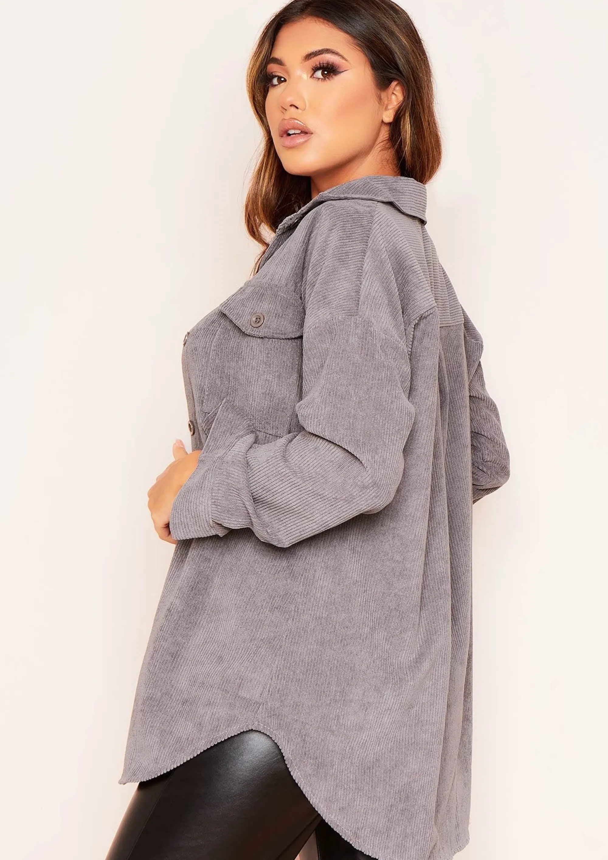 Missy Empire Leah Charcoal Oversized Pocket Front Cord Button Shirt Shop