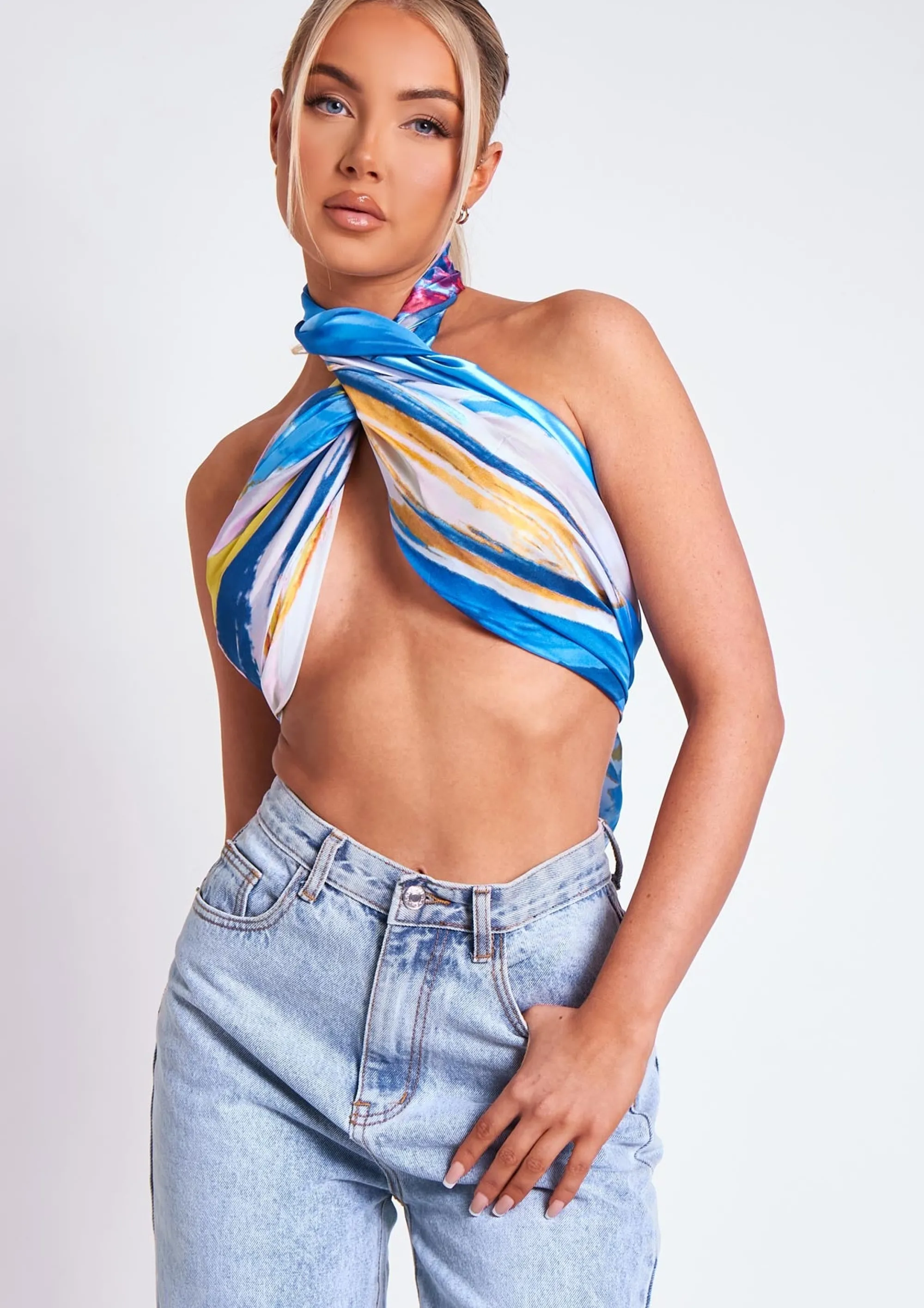 Missy Empire Leia Blue Print Scarf Top Flash Sale