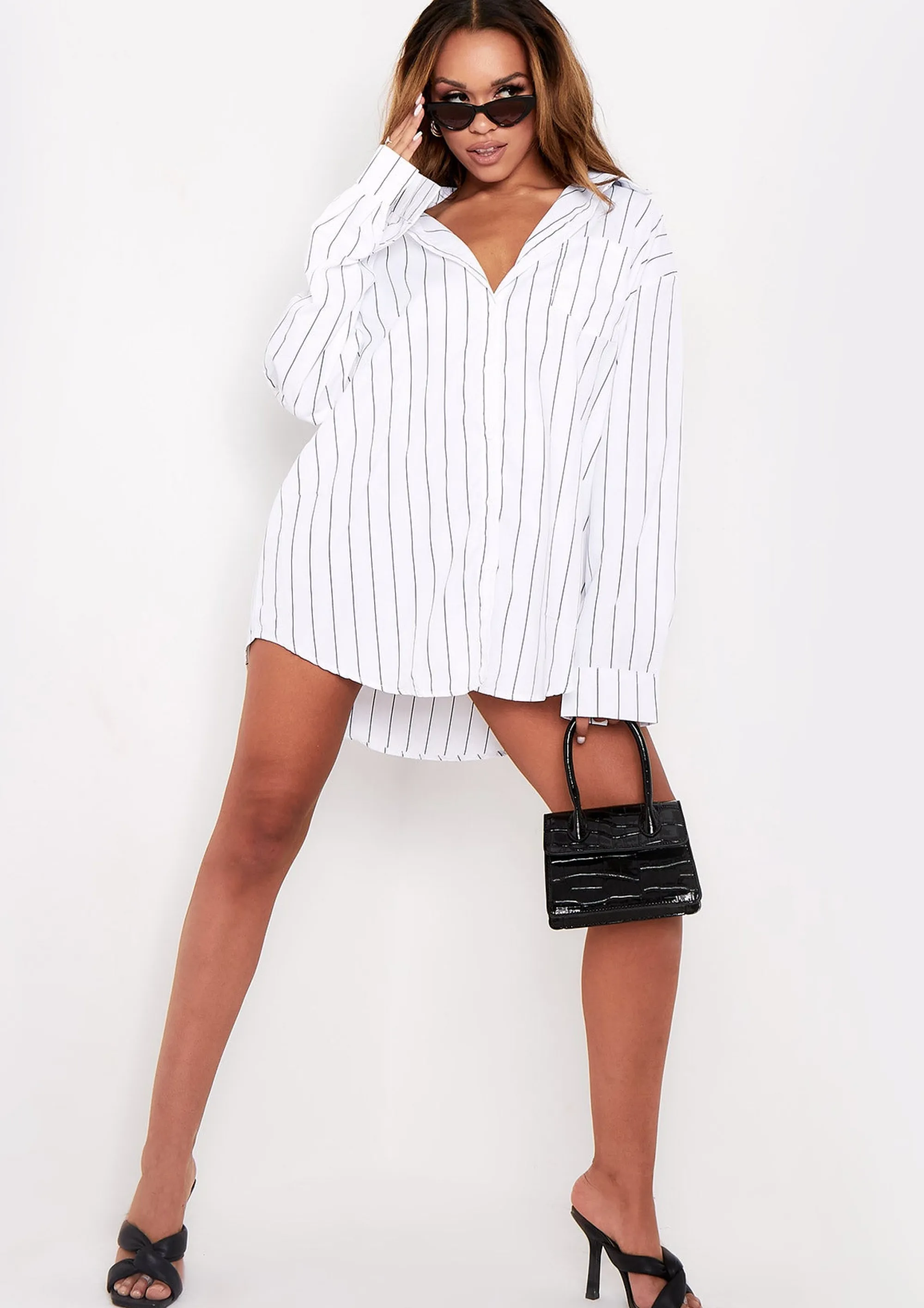 Missy Empire Lina White Pinstriped Oversized Shirt Shop