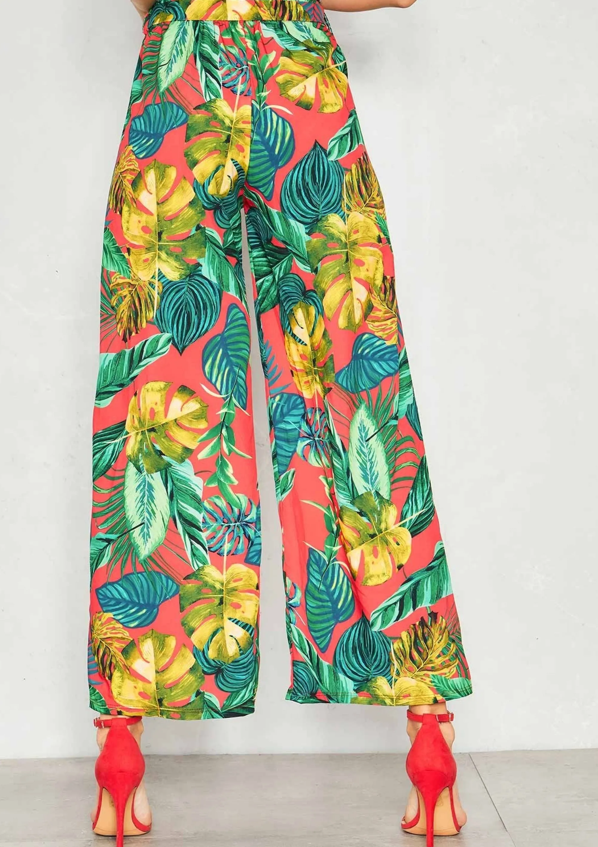 Missy Empire Linda Red Palm Print Flare Trousers^Women Trousers