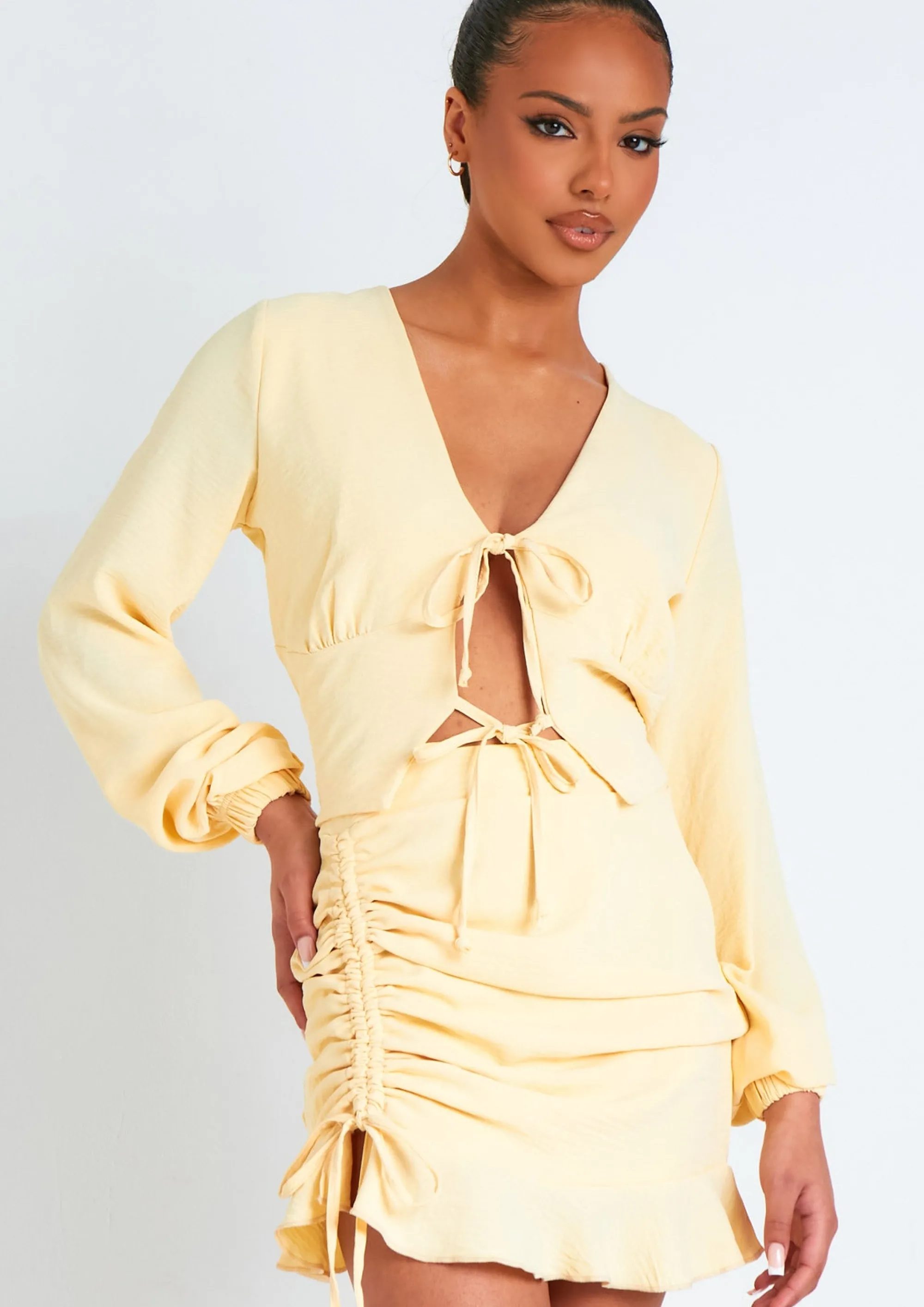 Missy Empire Lola Buttermilk Cream Tie Front Long Sleeve Blouse Shop