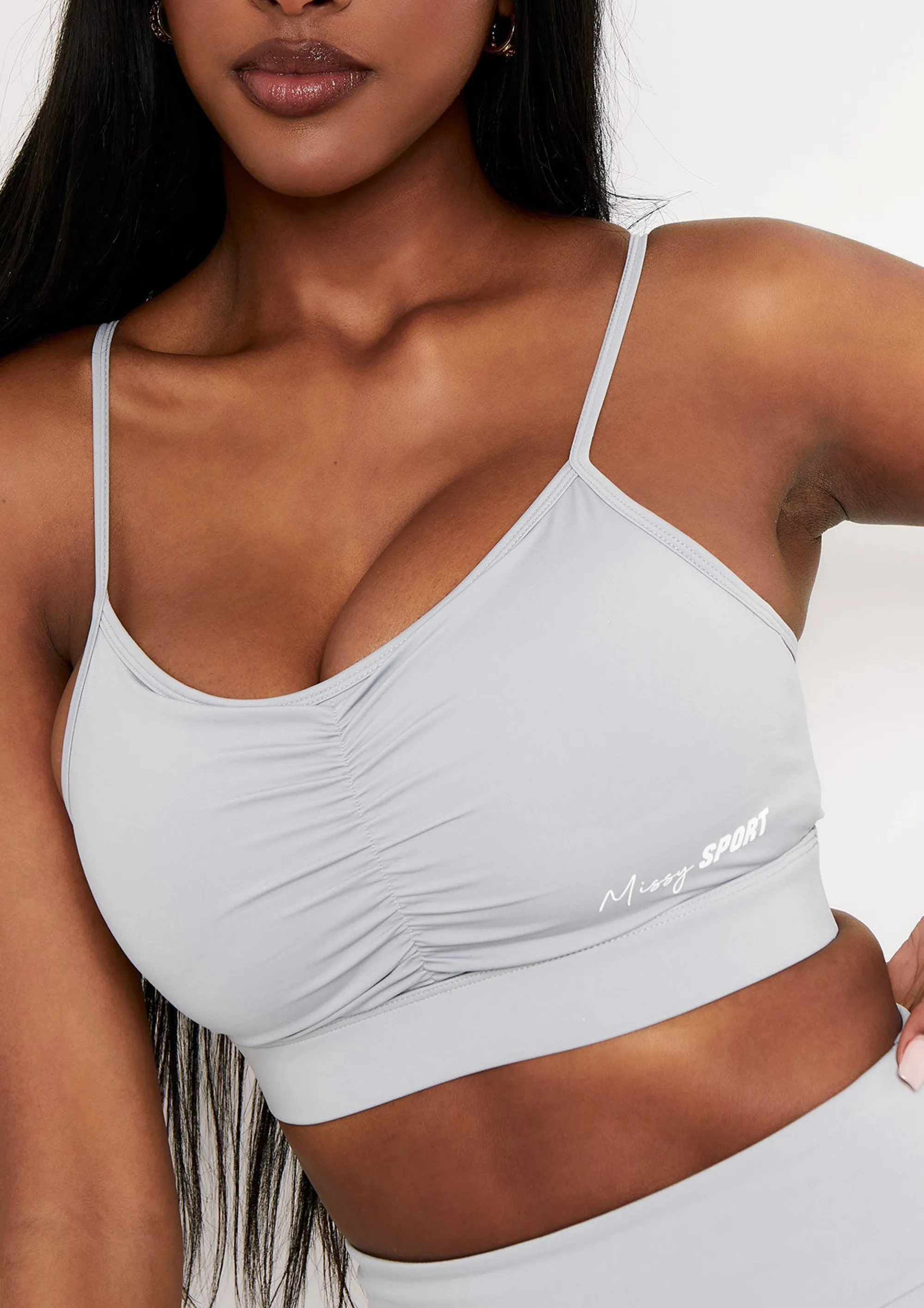 Missy Empire Lola Pale Blue Missy Sport Ruched Front Strappy Gym Crop Top Fashion