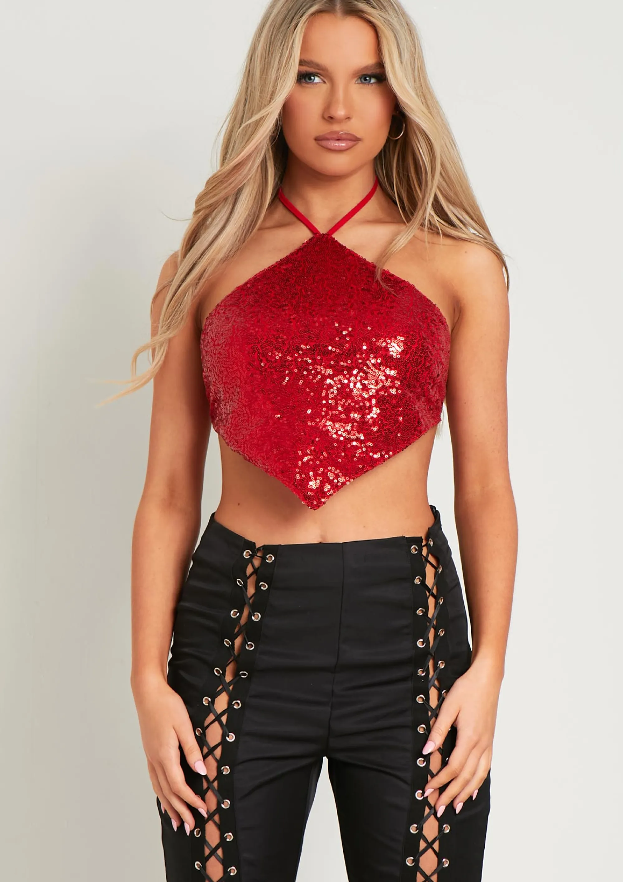 Missy Empire Luna Red Sequin Halter Neck Tie Top New