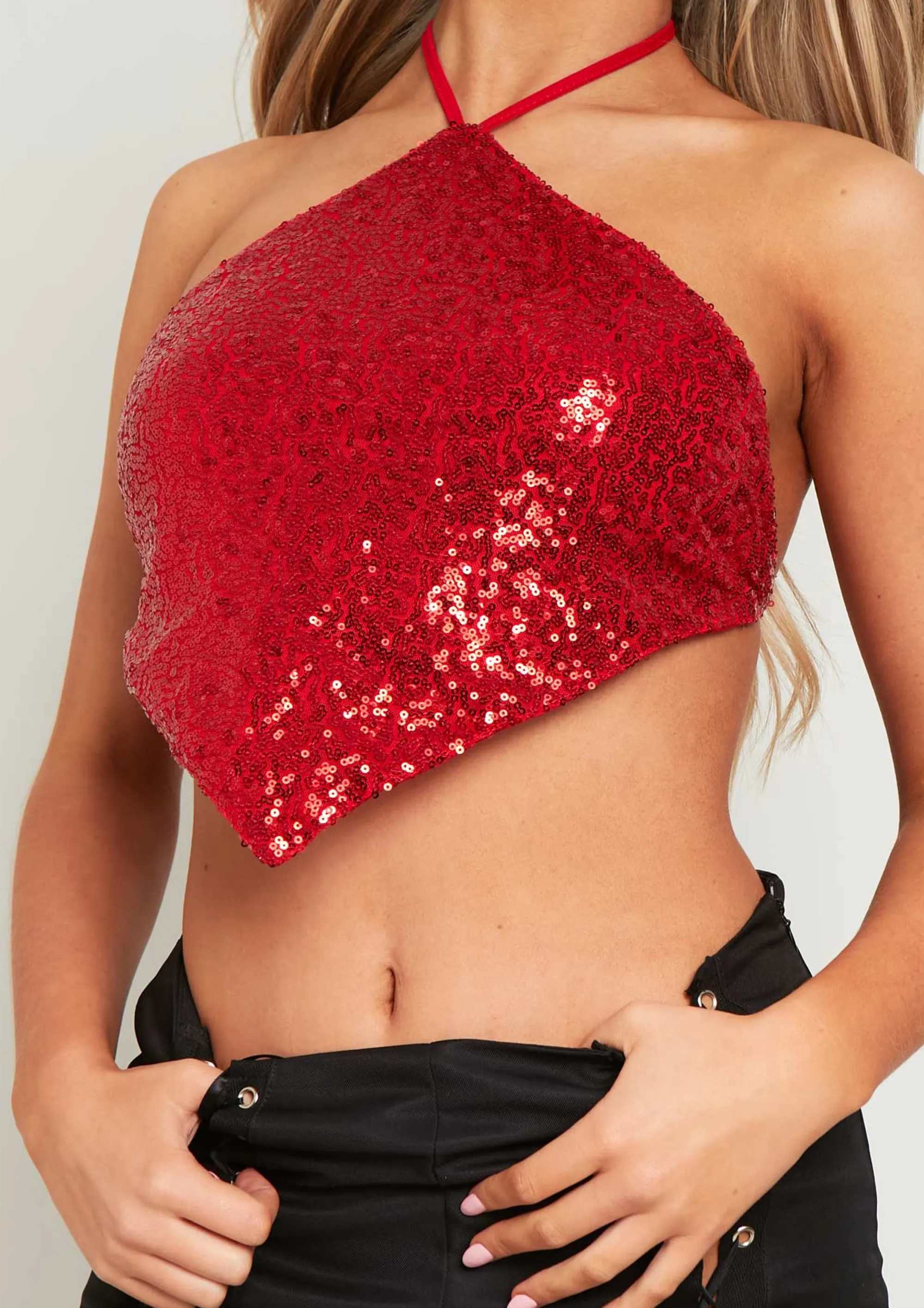 Missy Empire Luna Red Sequin Halter Neck Tie Top New