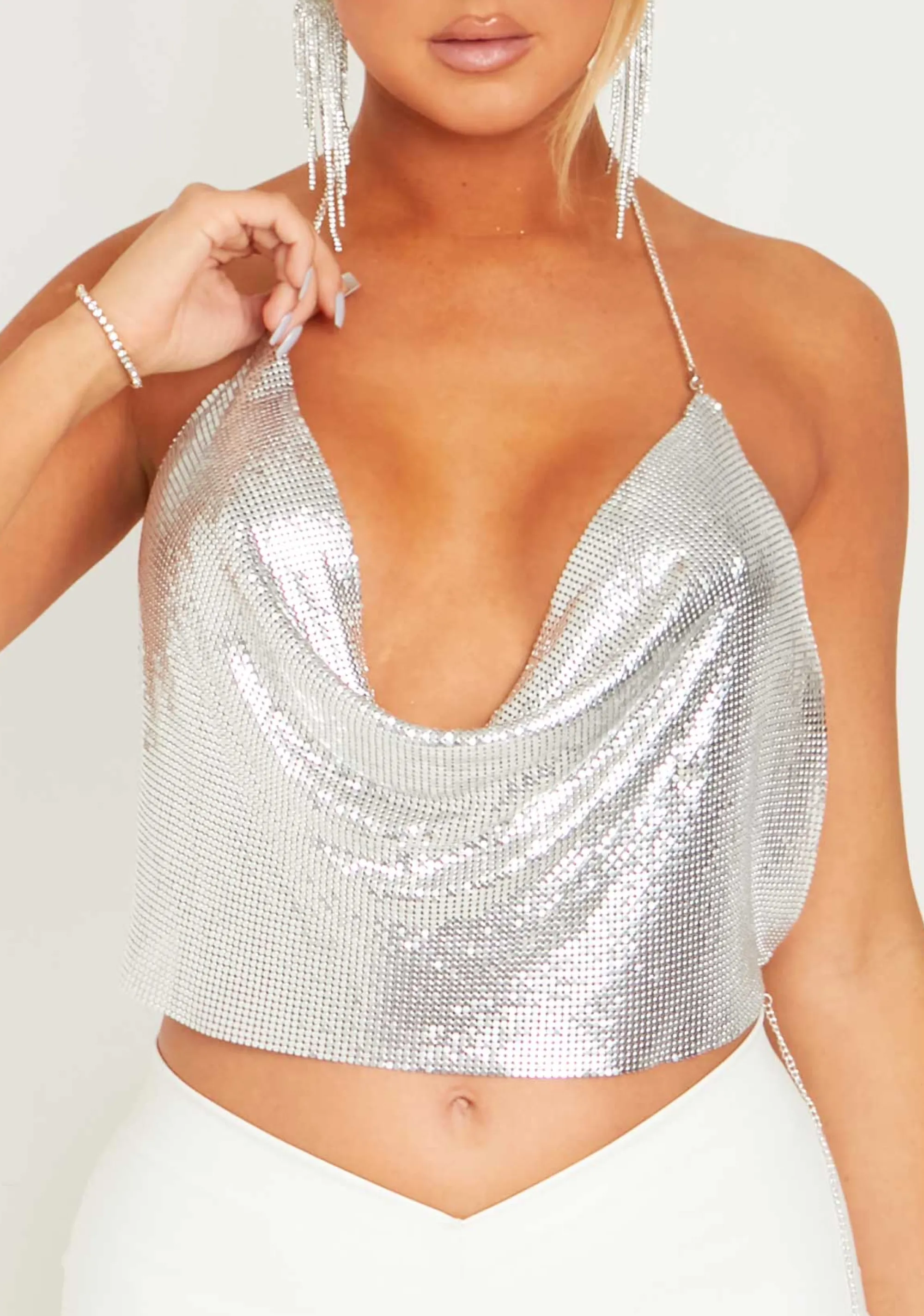 Missy Empire Macie Silver Chain Mail Crop Top Hot