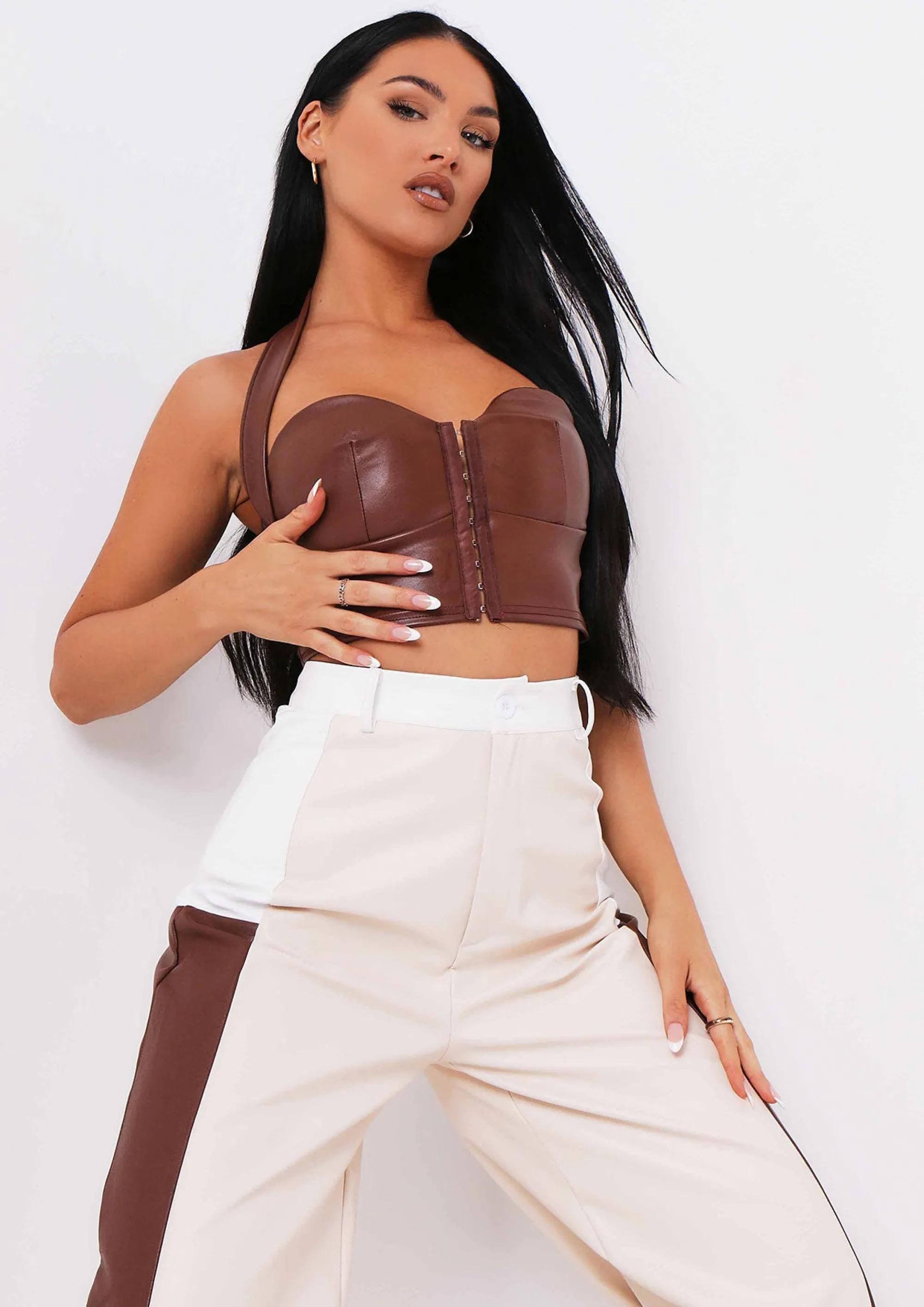 Missy Empire Madison Chocolate Pu Halterneck Crop Top Discount