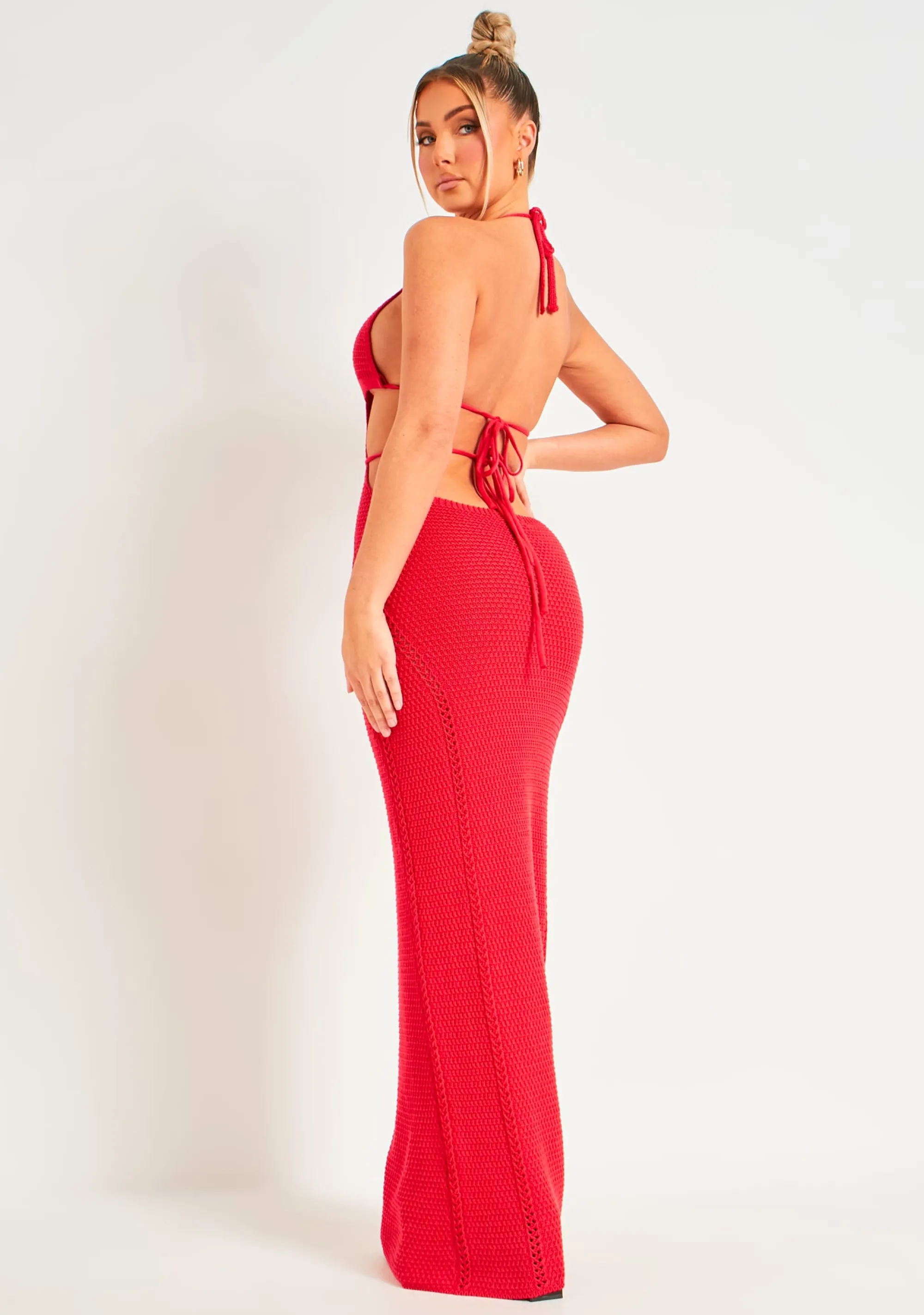 Missy Empire Madison Red Crochet Knit Halterneck Backless Maxi Dress^Women Dresses