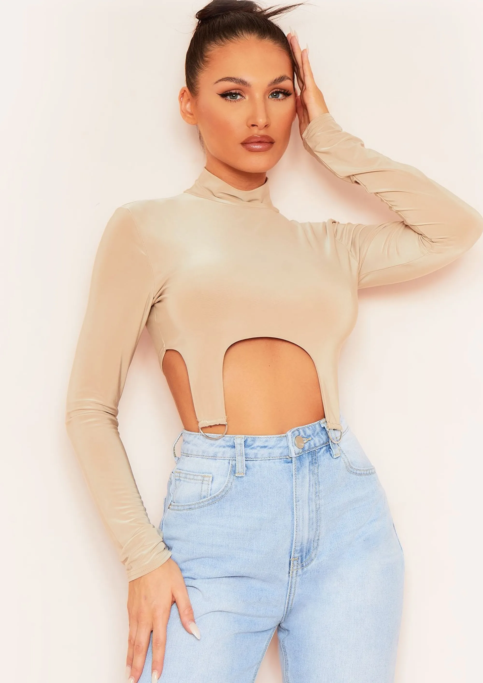 Missy Empire Maisy Beige Long Sleeve D Ring Slinky Crop Top Cheap