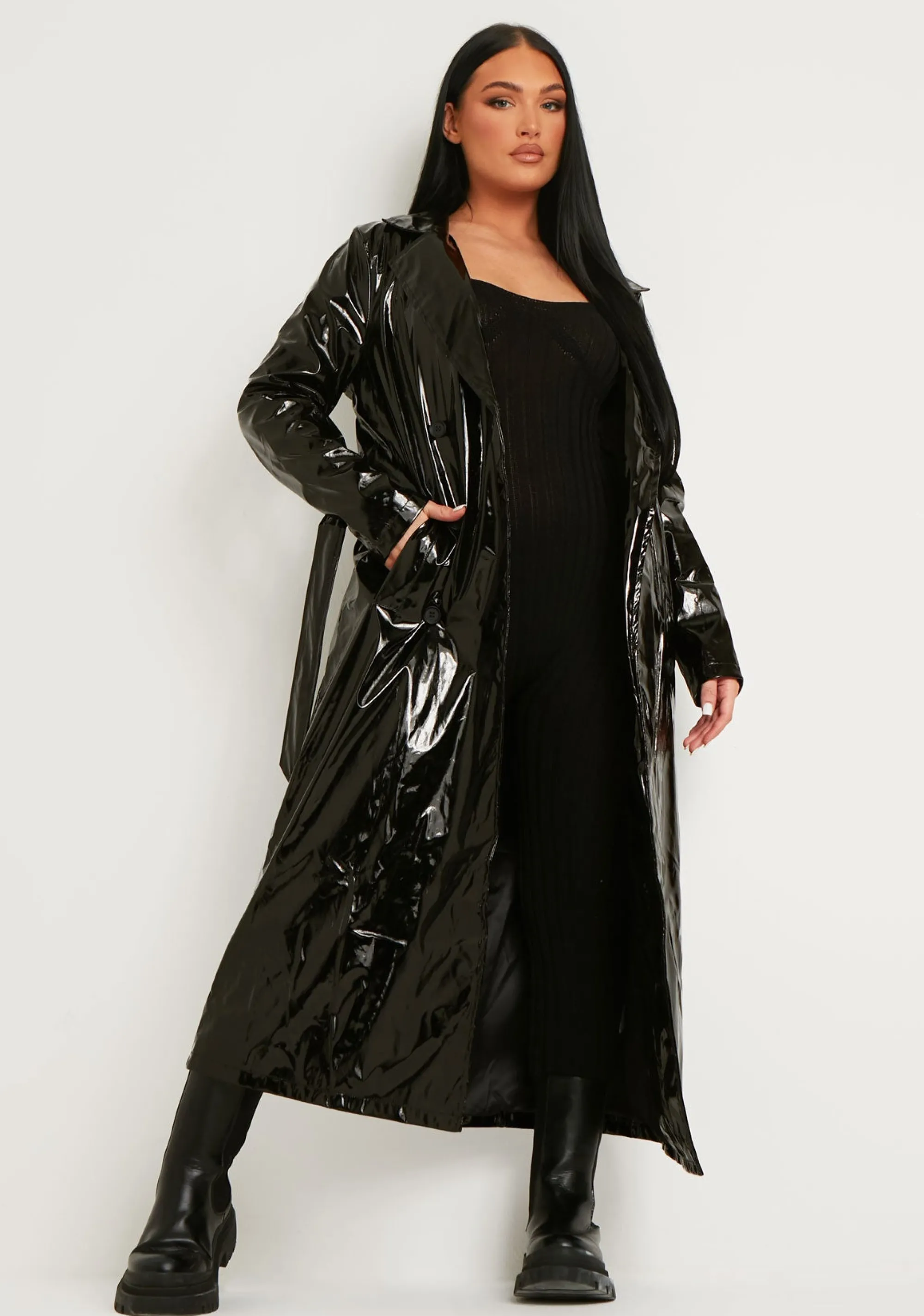 Missy Empire Malin Black Vinyl Faux Leather Belted Button Through Trench Coat Store