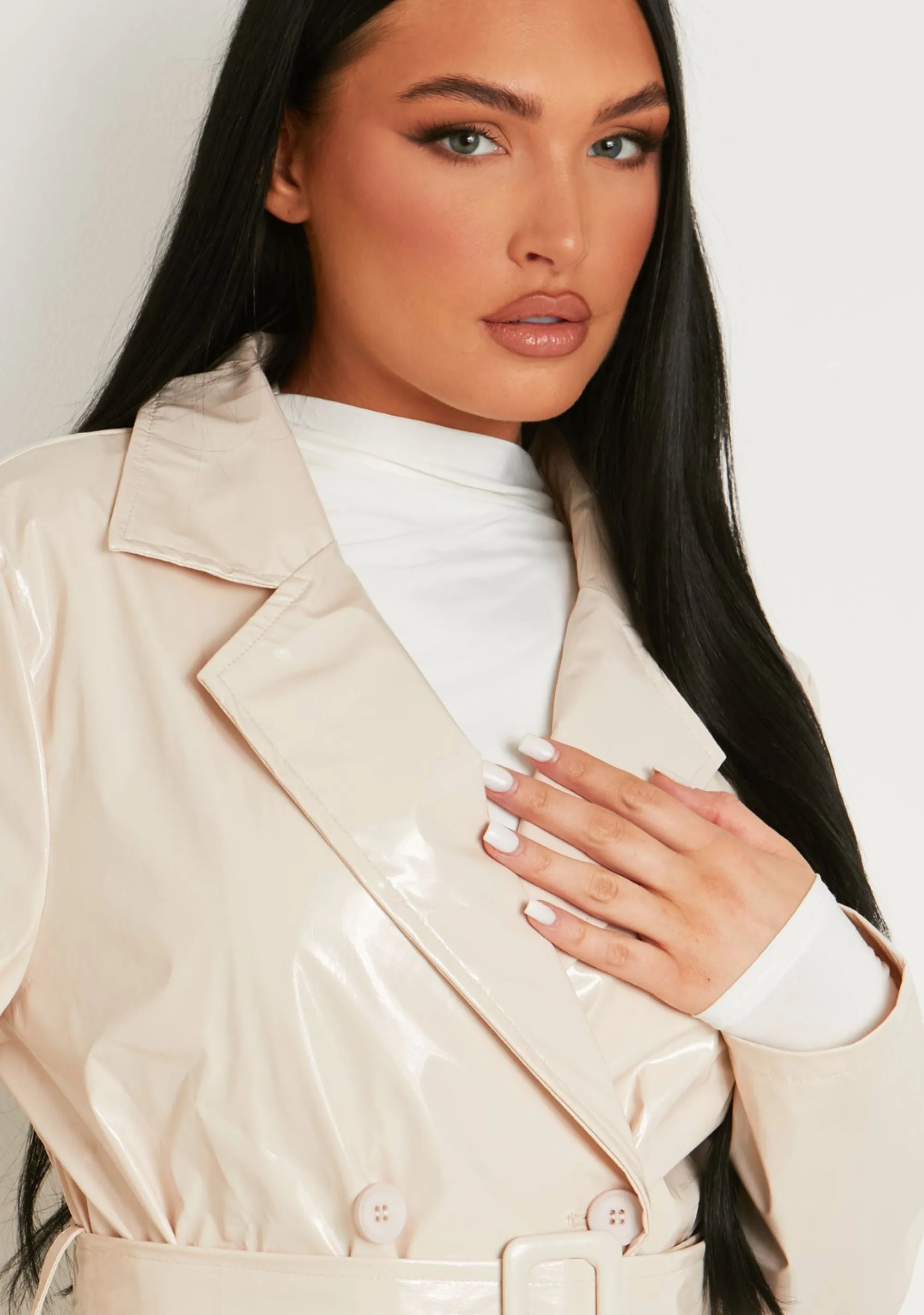 Missy Empire Malin Stone Vinyl Faux Leather Belted Button Through Trench Coat Hot