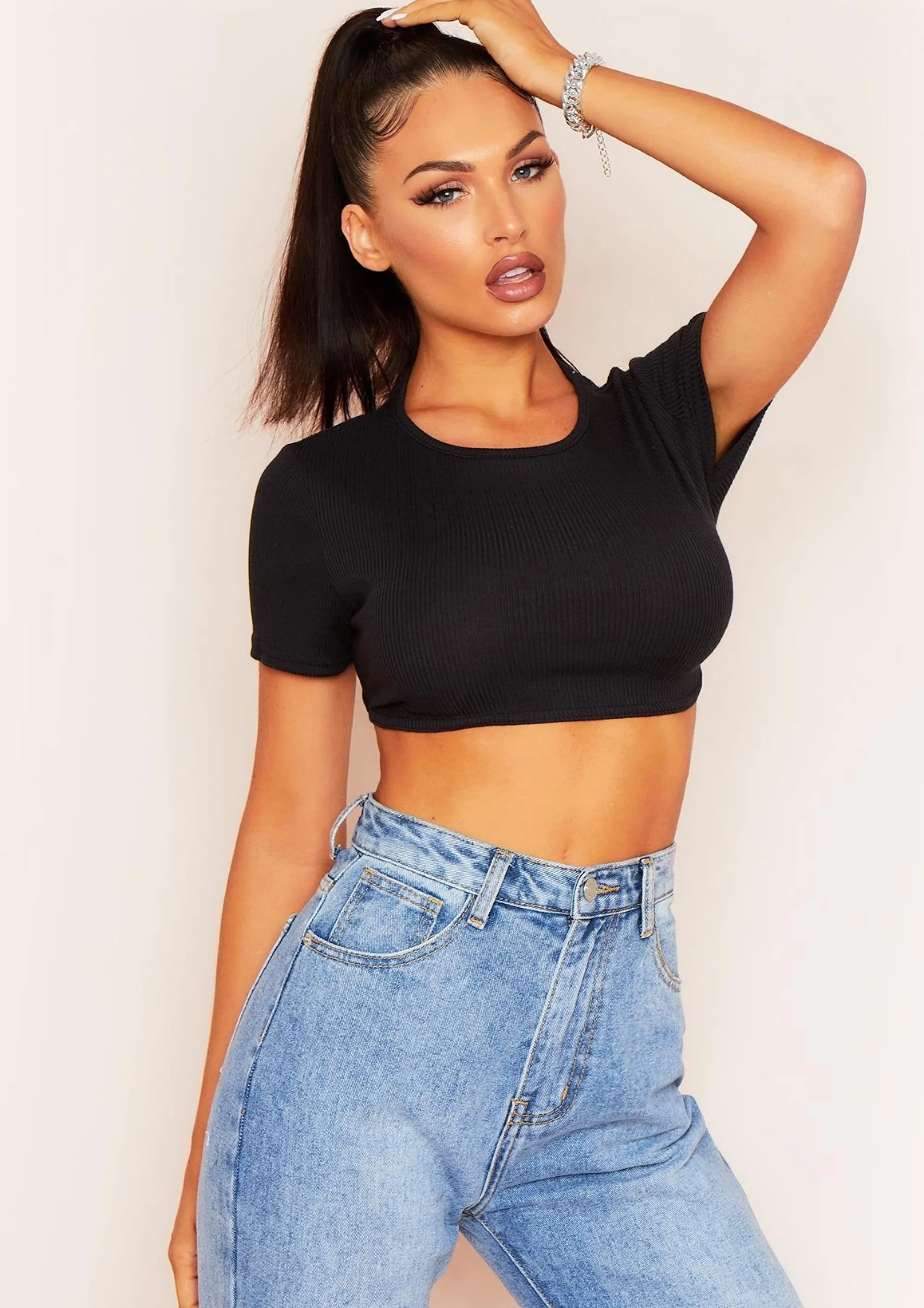 Missy Empire Mandy Black Tie Back Cropped Ribbed T-Shirt Best Sale