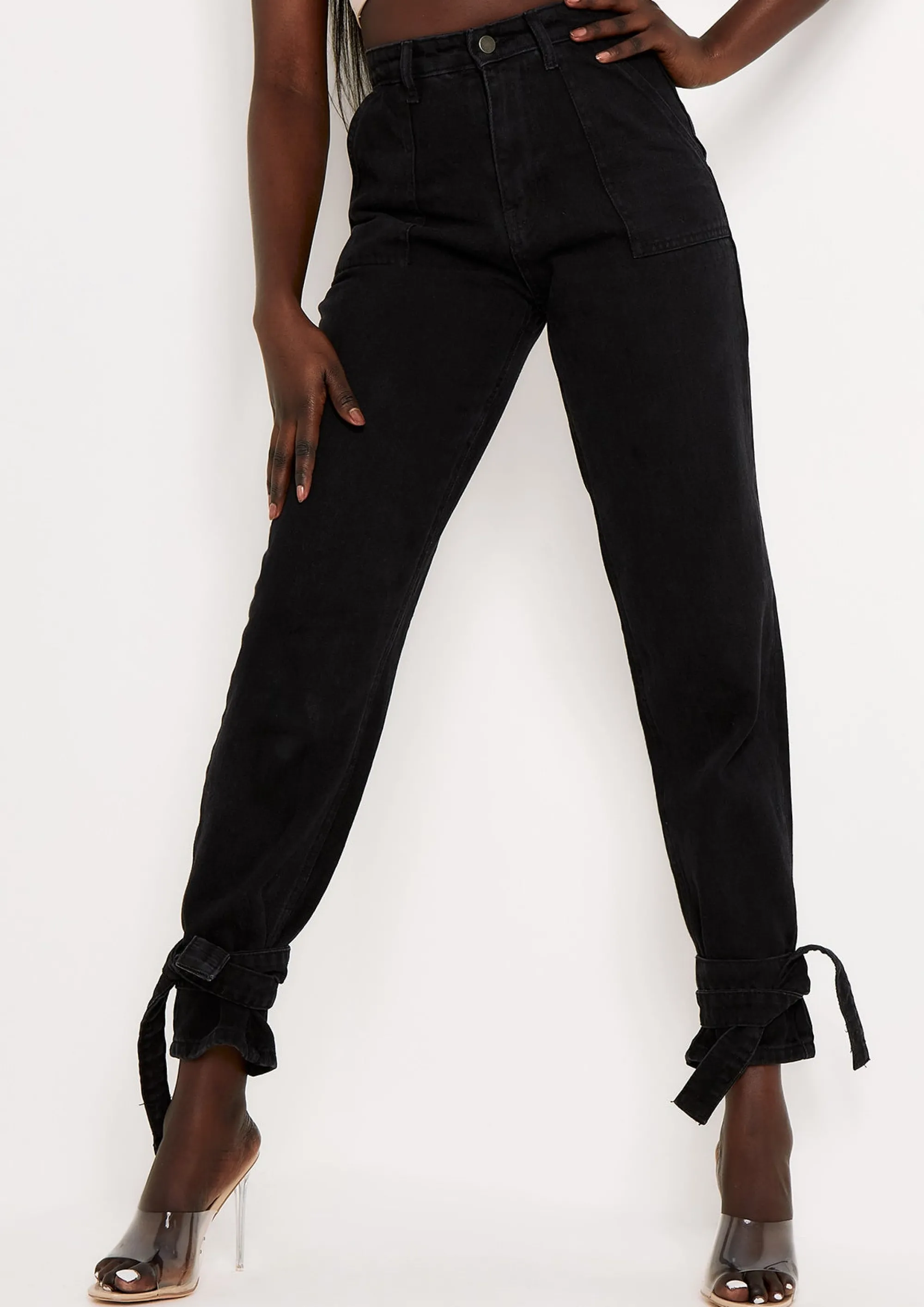 Missy Empire Margot Black Wash Denim Tie Ankle Mom Jeans Discount